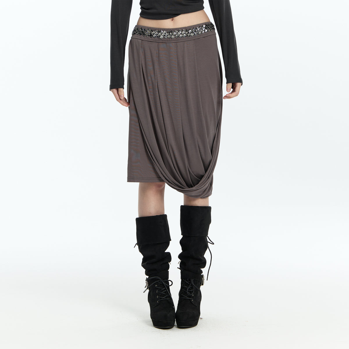 FAYCHUI Diamond Waist Draped Midi Skirt