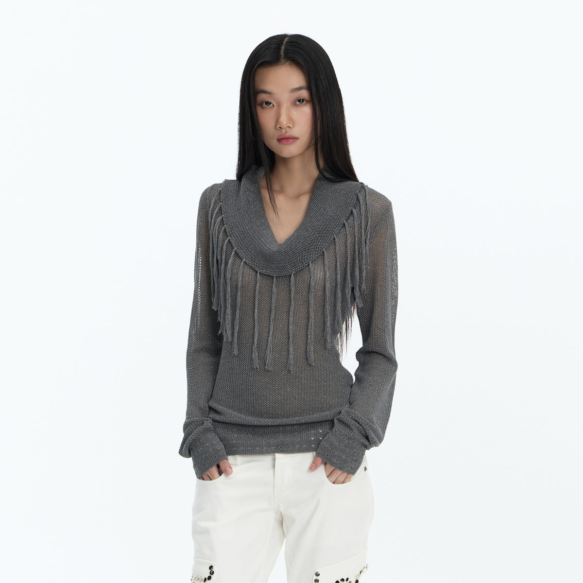 FAYCHUI Open-Knit Fringe Off-Shoulder Top