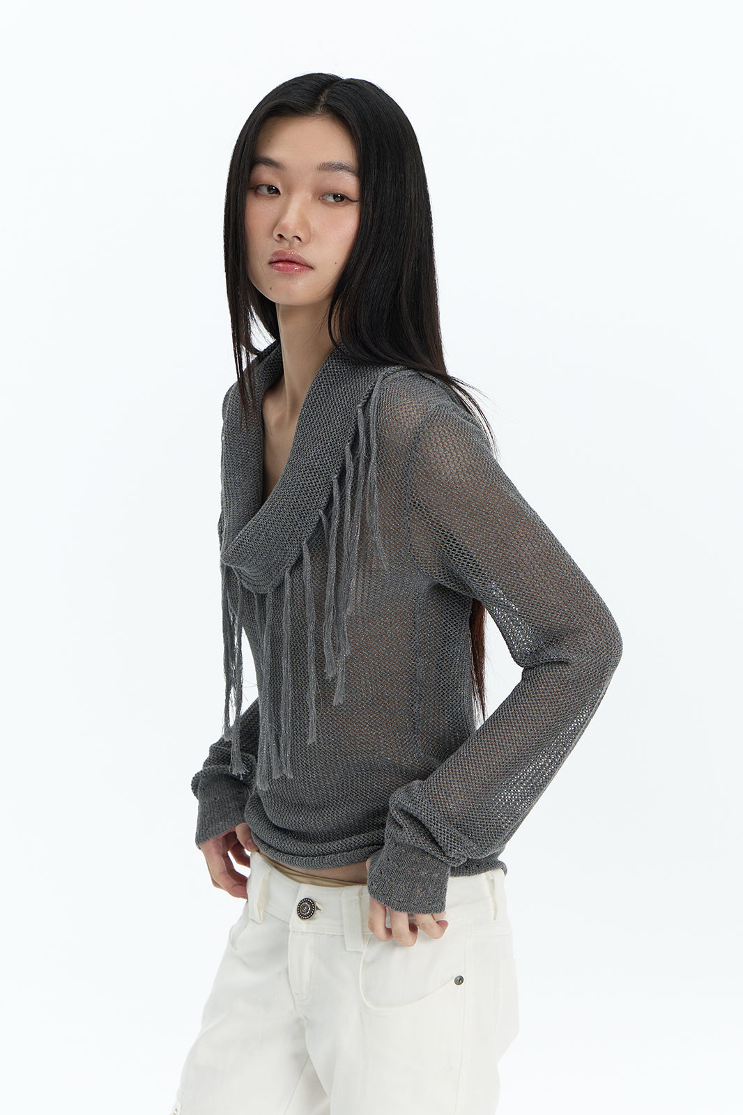 FAYCHUI Open-Knit Fringe Off-Shoulder Top