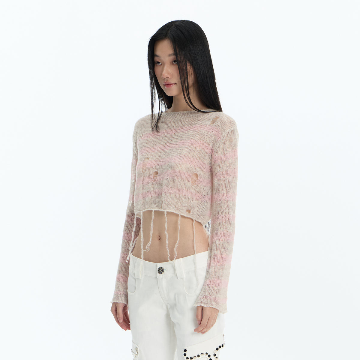 FAYCHUI Distressed Wool-Blend Cropped Knit Top