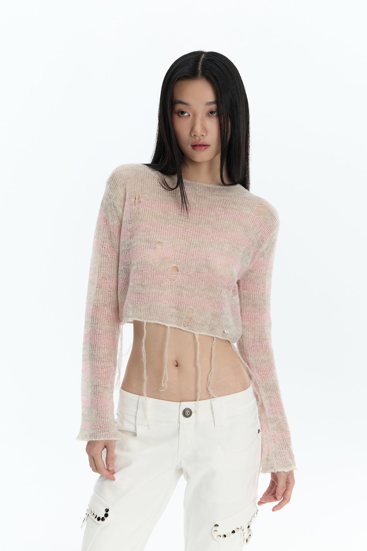 FAYCHUI Distressed Wool-Blend Cropped Knit Top