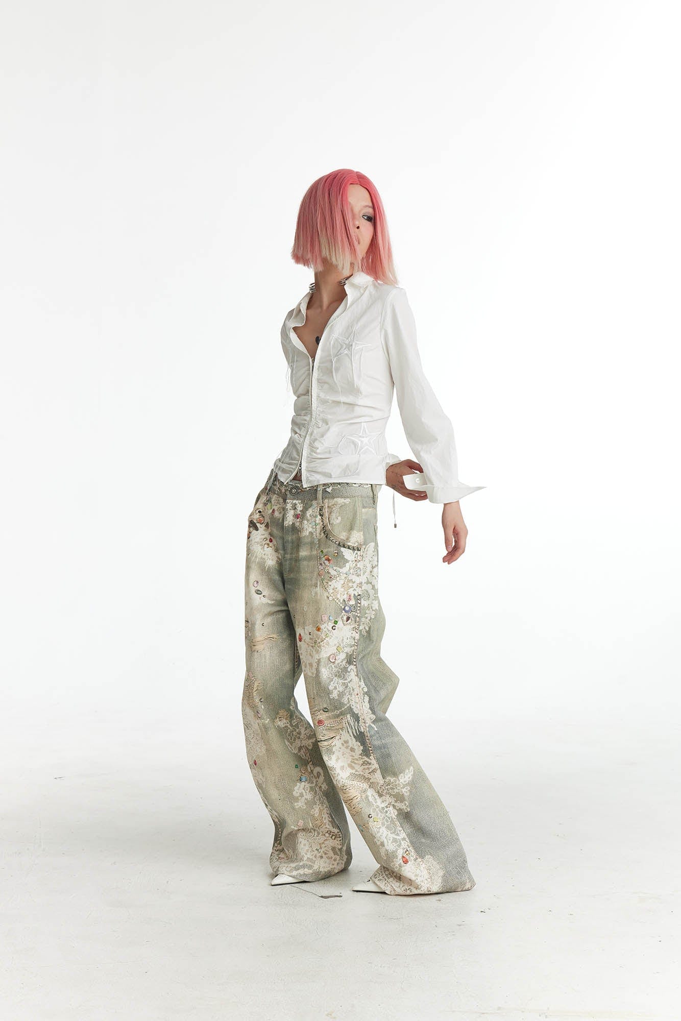 DND4DES×Faychui Distressed Gem&Lace Jeans, premium urban and streetwear designers apparel on PROJECTISR.com, DND4DES