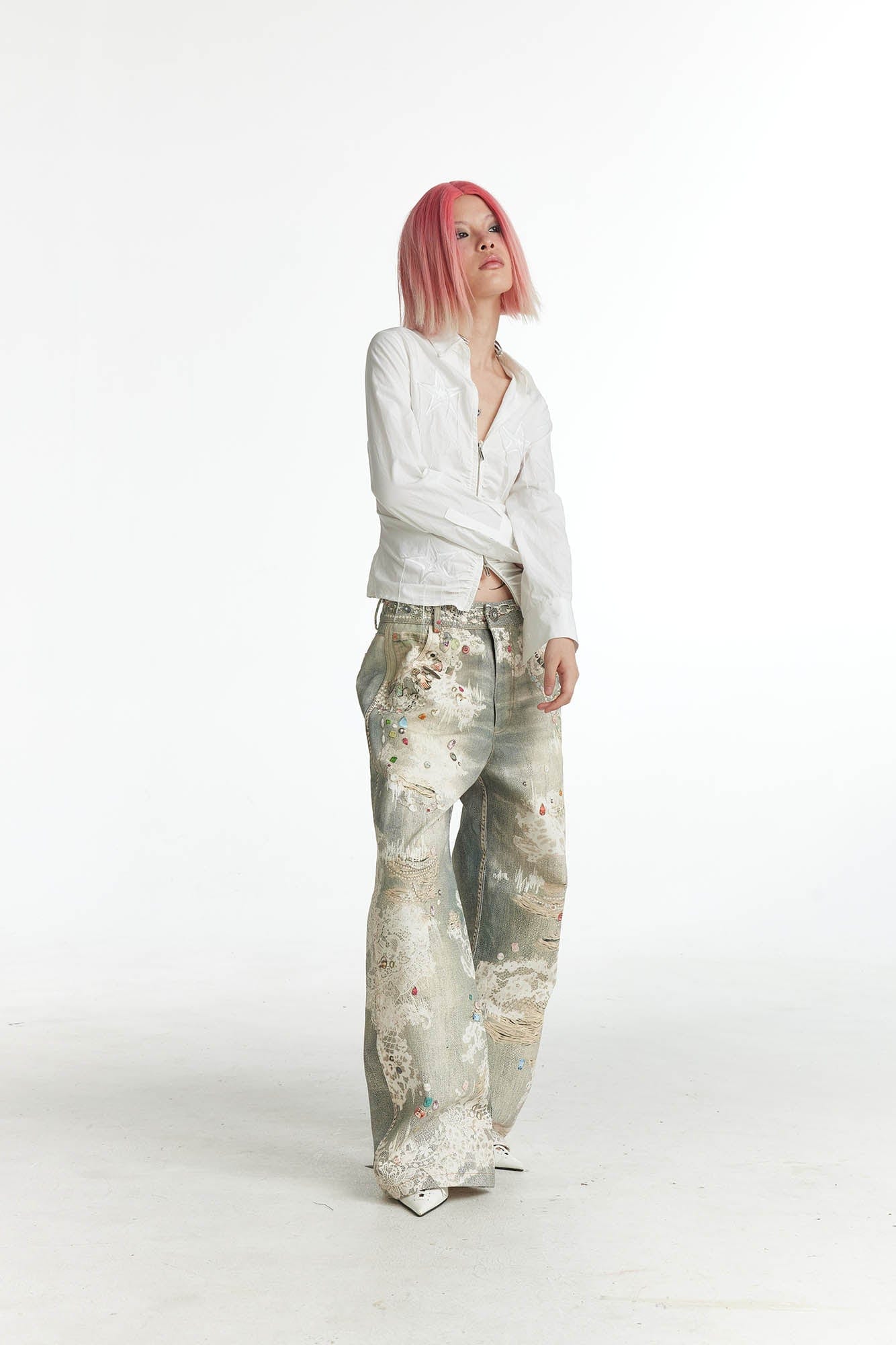 DND4DES×Faychui Distressed Gem&Lace Jeans, premium urban and streetwear designers apparel on PROJECTISR.com, DND4DES