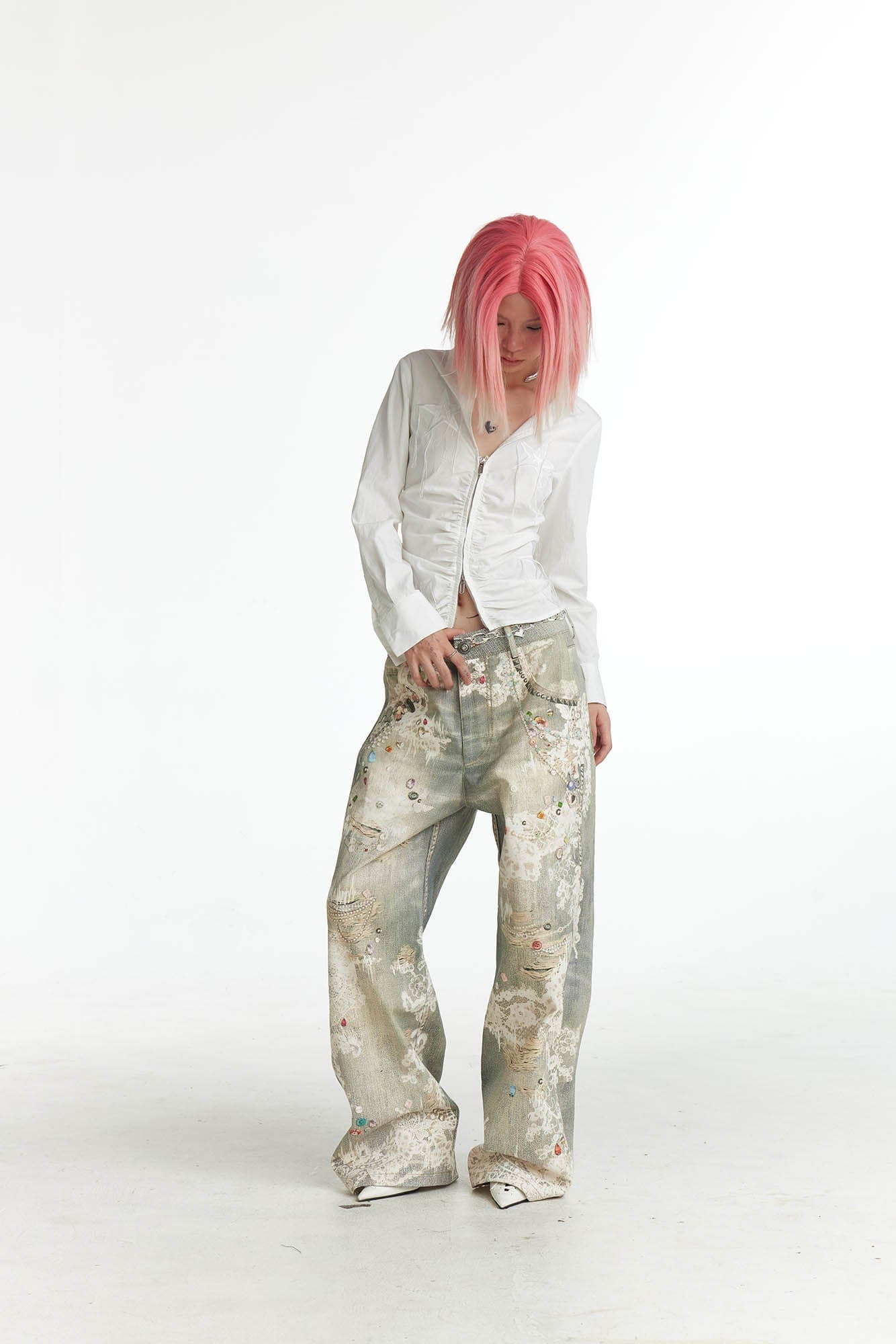 DND4DES×Faychui Distressed Gem&Lace Jeans, premium urban and streetwear designers apparel on PROJECTISR.com, DND4DES