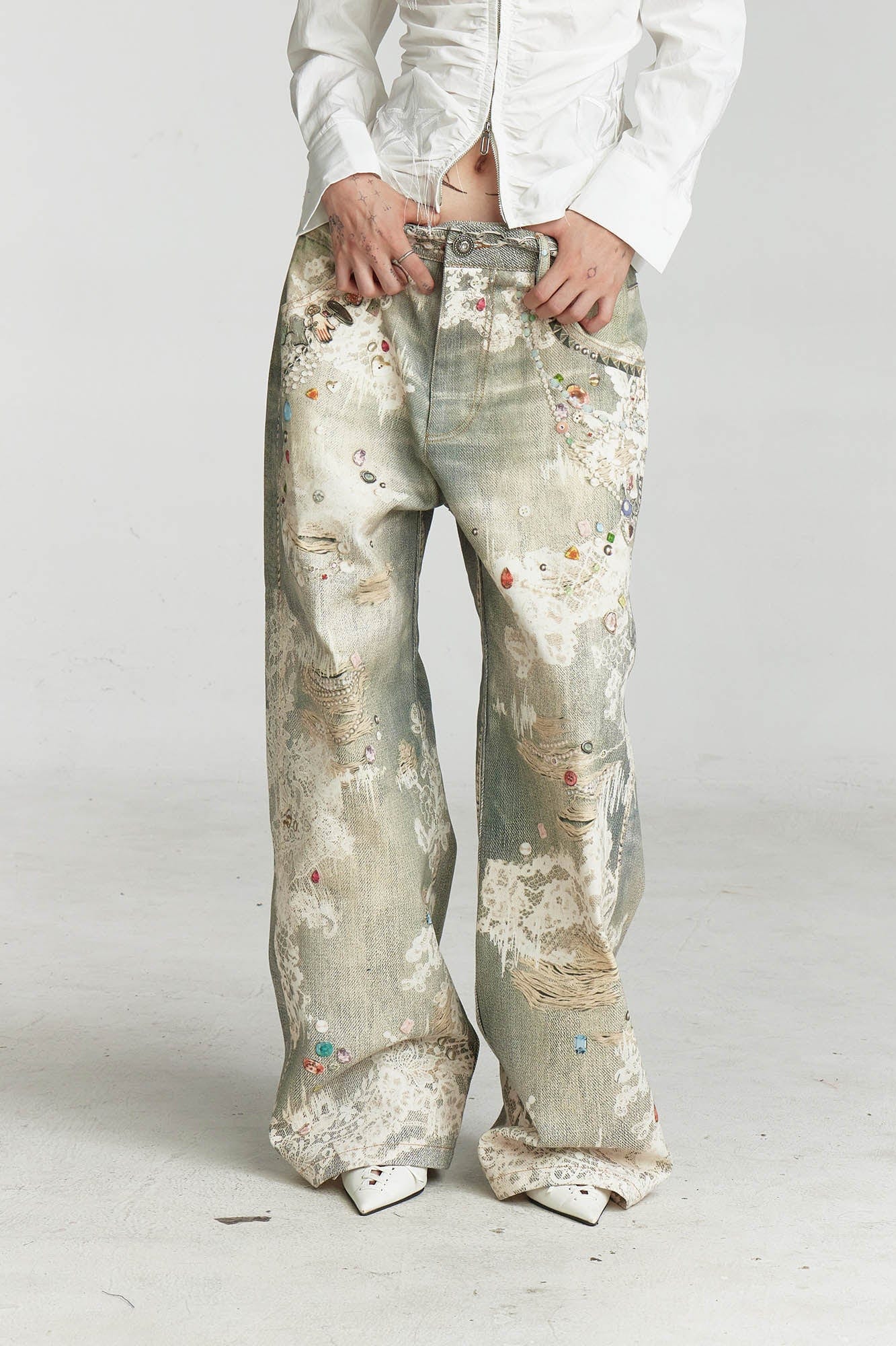 DND4DES×Faychui Distressed Gem&Lace Jeans, premium urban and streetwear designers apparel on PROJECTISR.com, DND4DES