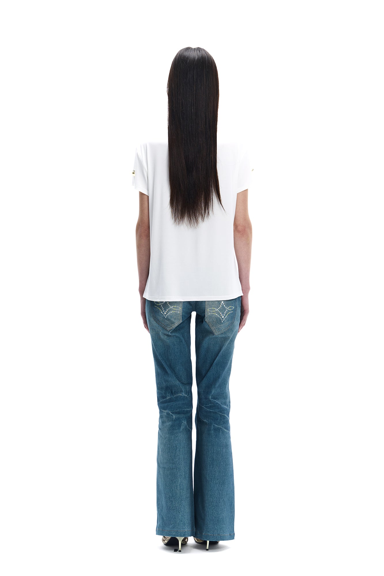 FAYCHUI Diamond-Embellished Washed Flared Jeans