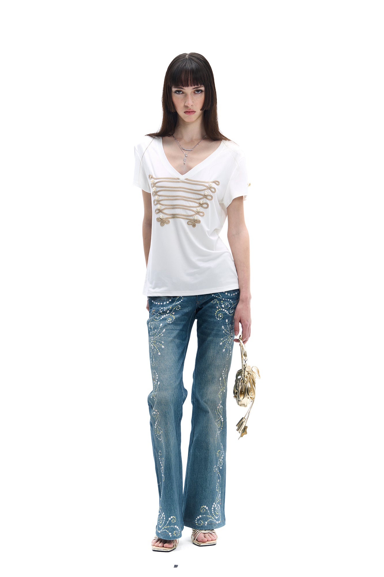 FAYCHUI Diamond-Embellished Washed Flared Jeans