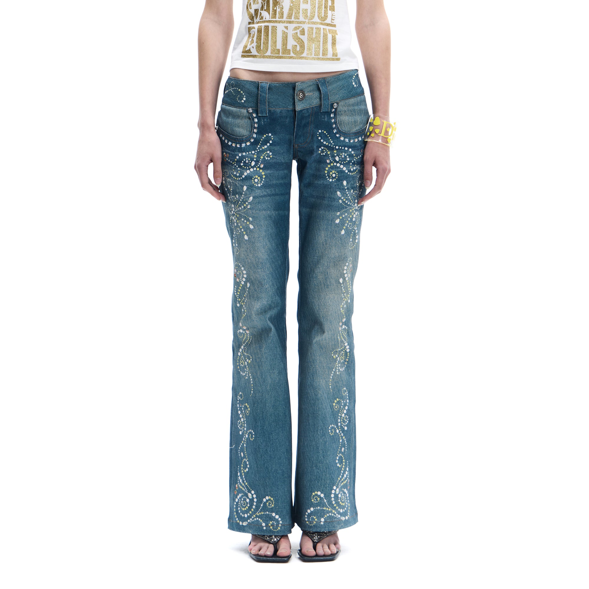 FAYCHUI Diamond-Embellished Washed Flared Jeans