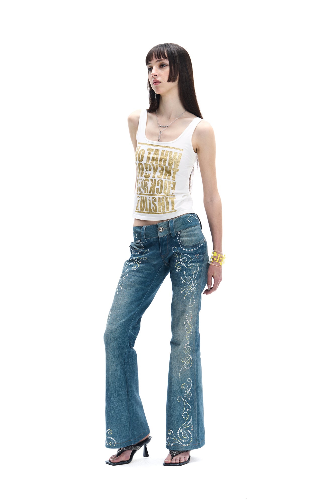 FAYCHUI Diamond-Embellished Washed Flared Jeans