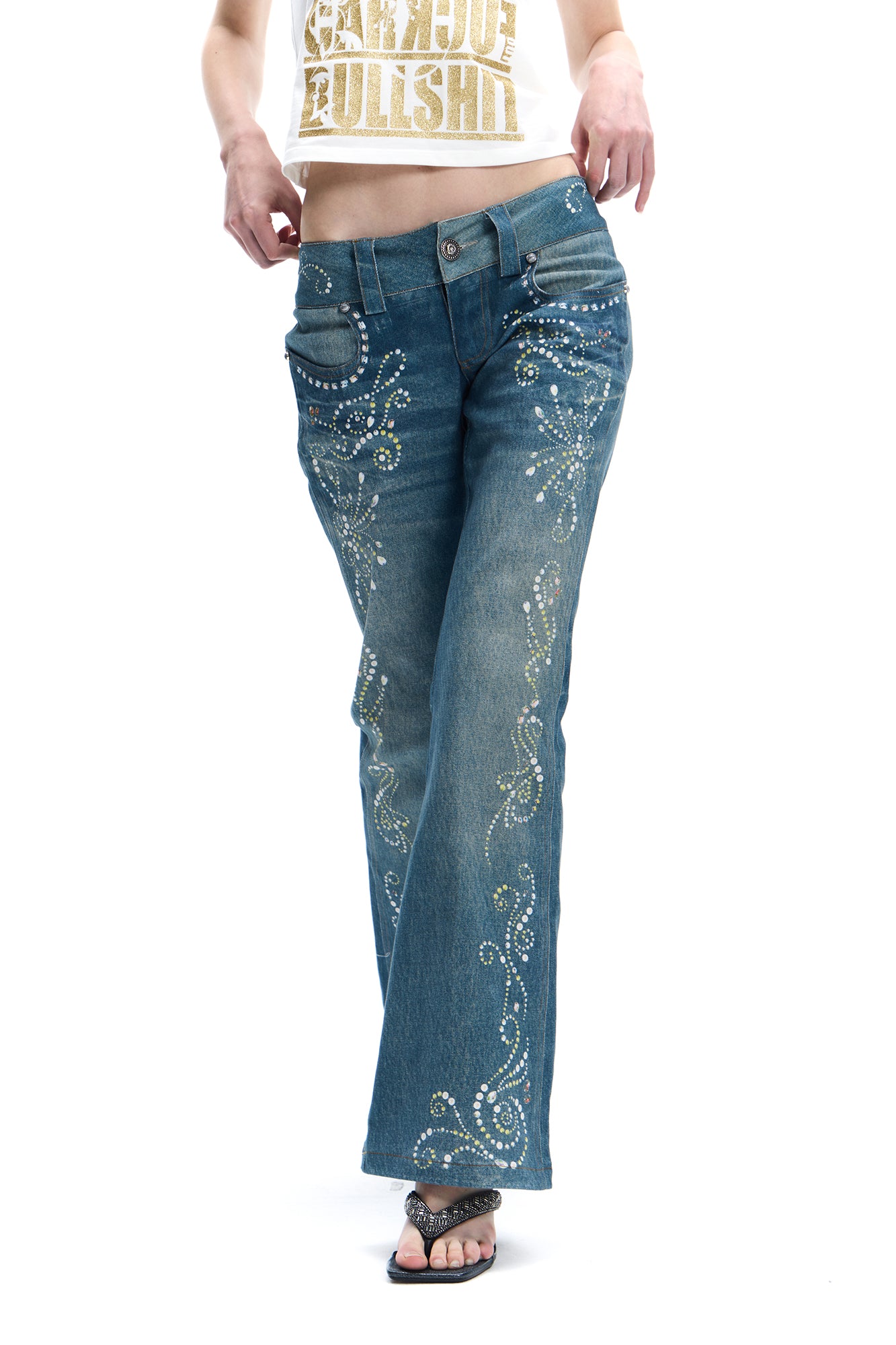 FAYCHUI Diamond-Embellished Washed Flared Jeans
