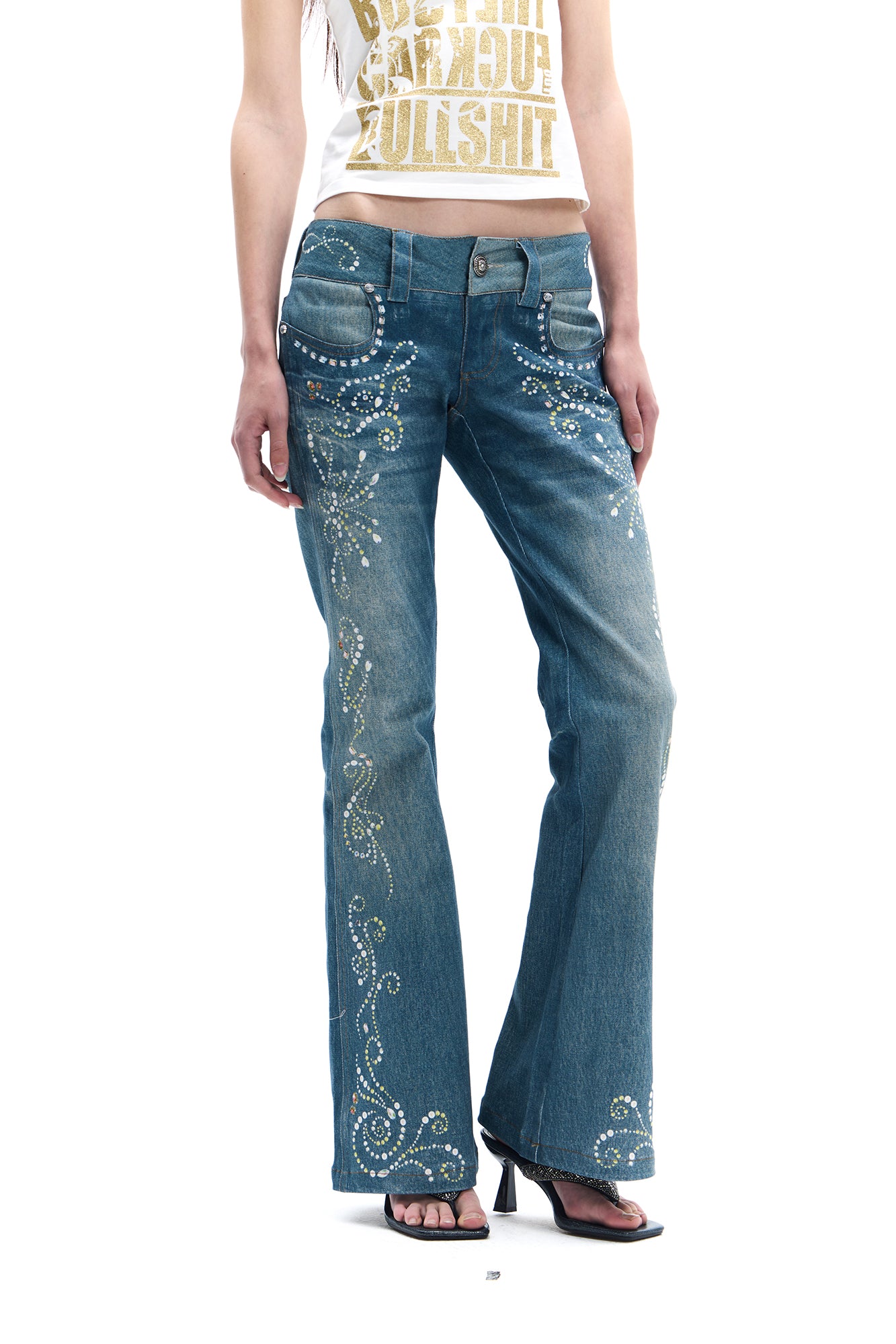 FAYCHUI Diamond-Embellished Washed Flared Jeans