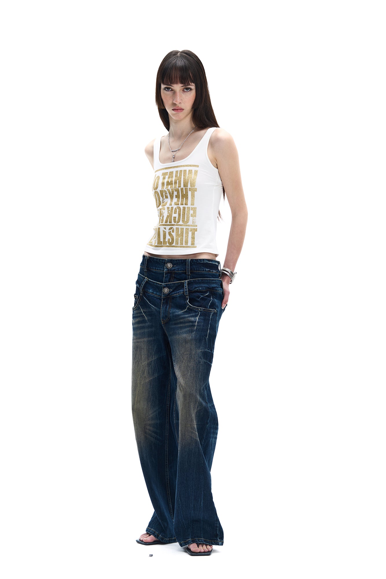 FAYCHUI Double-Waist Washed Wide-Leg Jeans