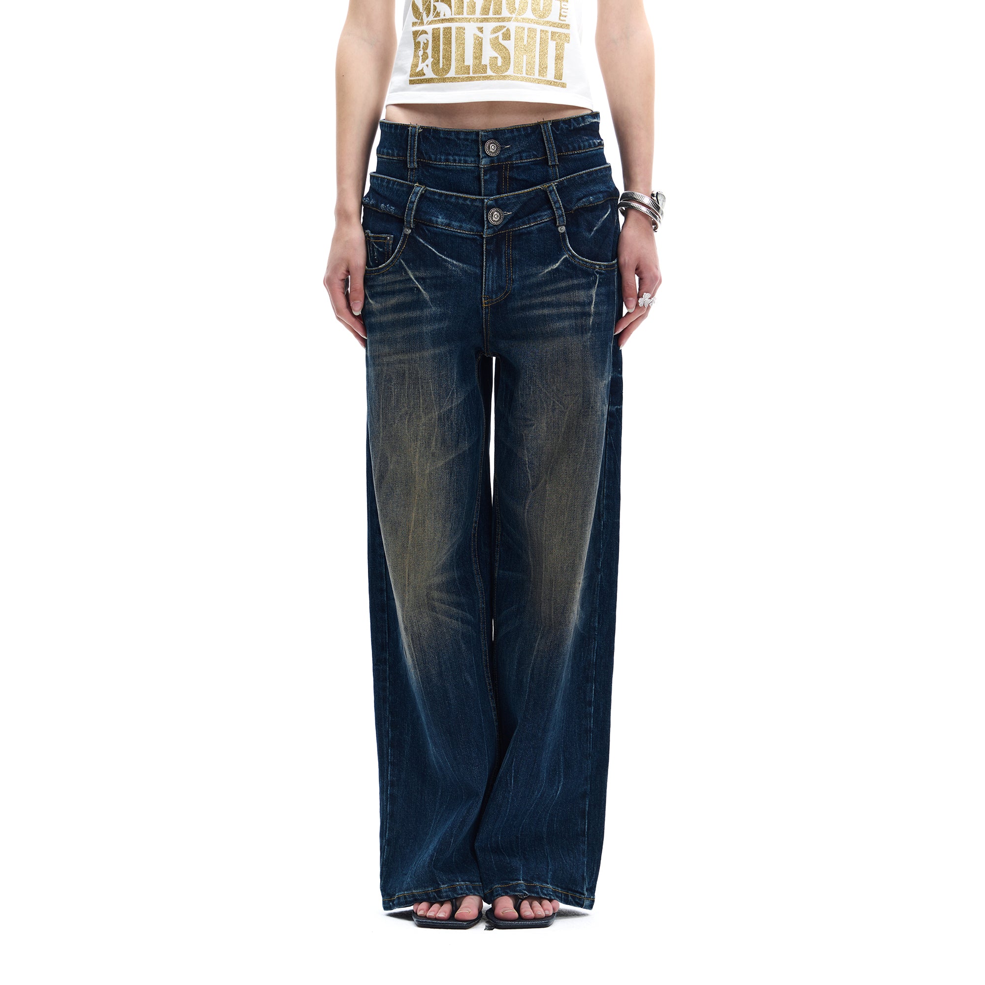 FAYCHUI Double-Waist Washed Wide-Leg Jeans