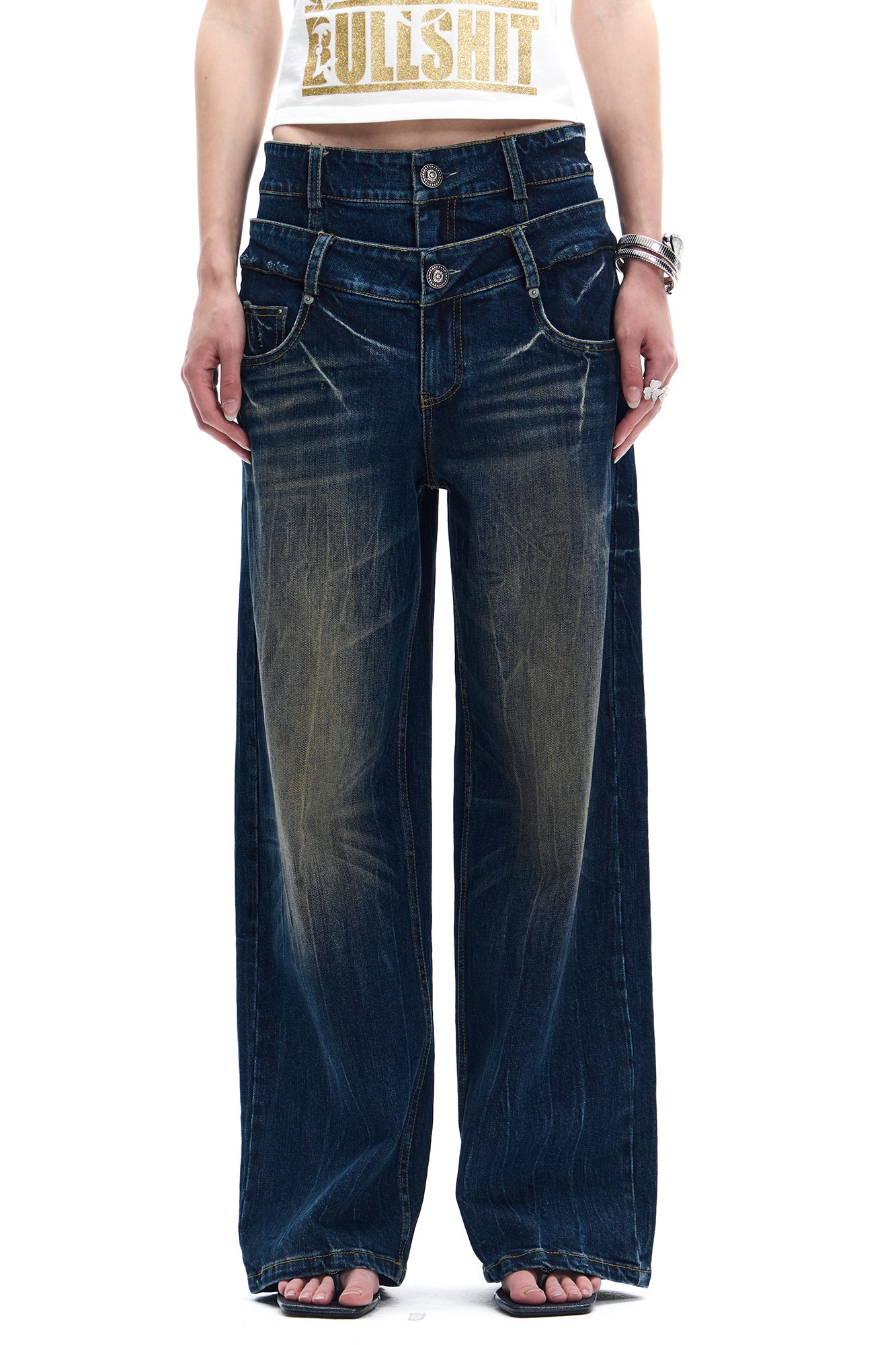 FAYCHUI Double-Waist Washed Wide-Leg Jeans