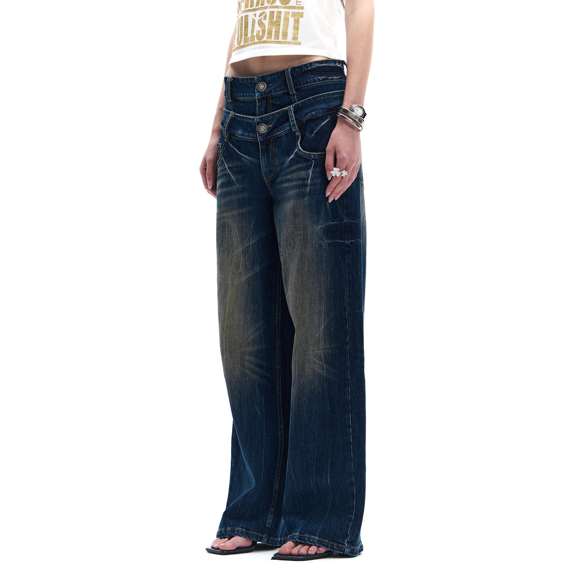 FAYCHUI Double-Waist Washed Wide-Leg Jeans