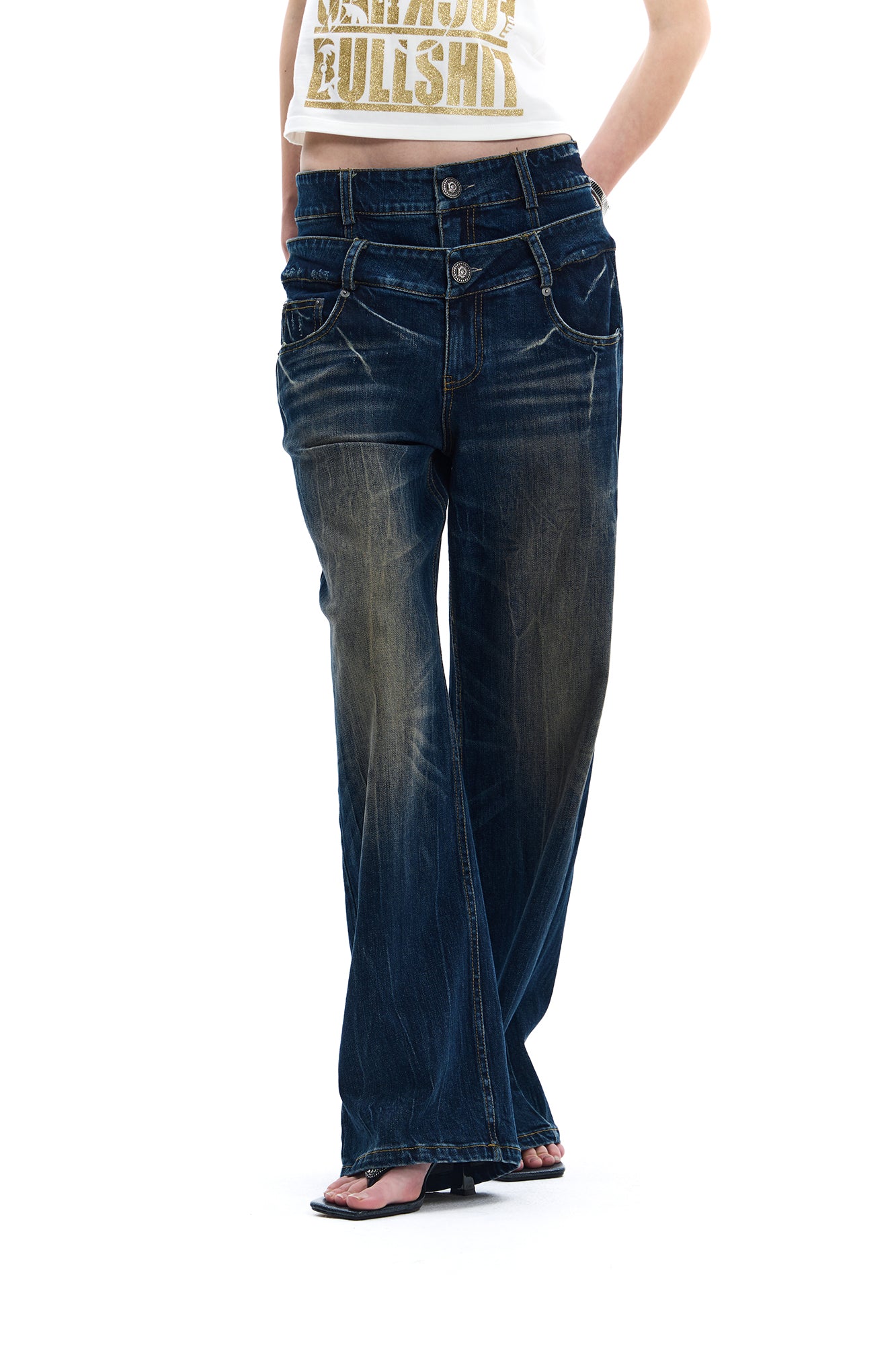 FAYCHUI Double-Waist Washed Wide-Leg Jeans