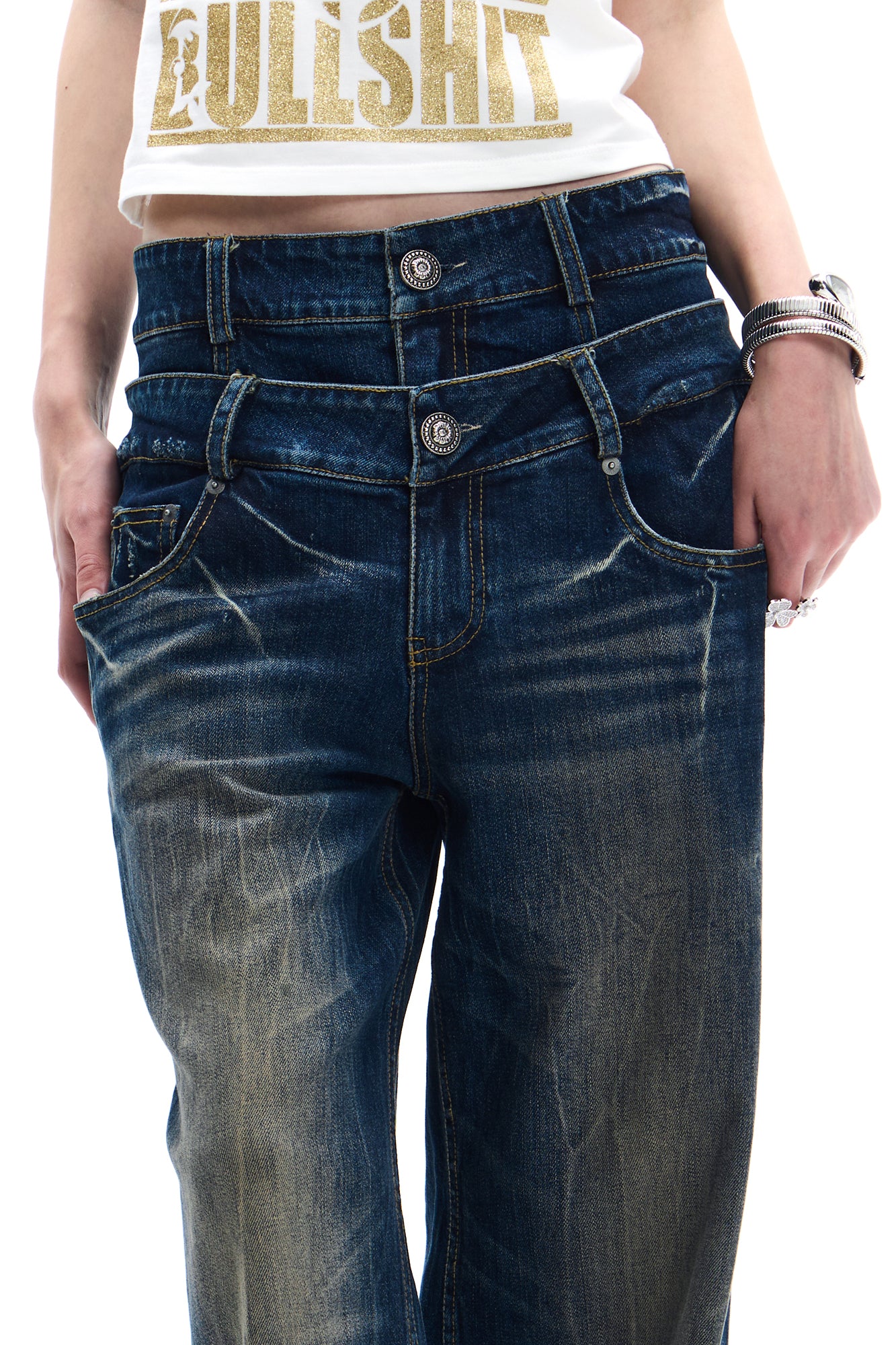 FAYCHUI Double-Waist Washed Wide-Leg Jeans