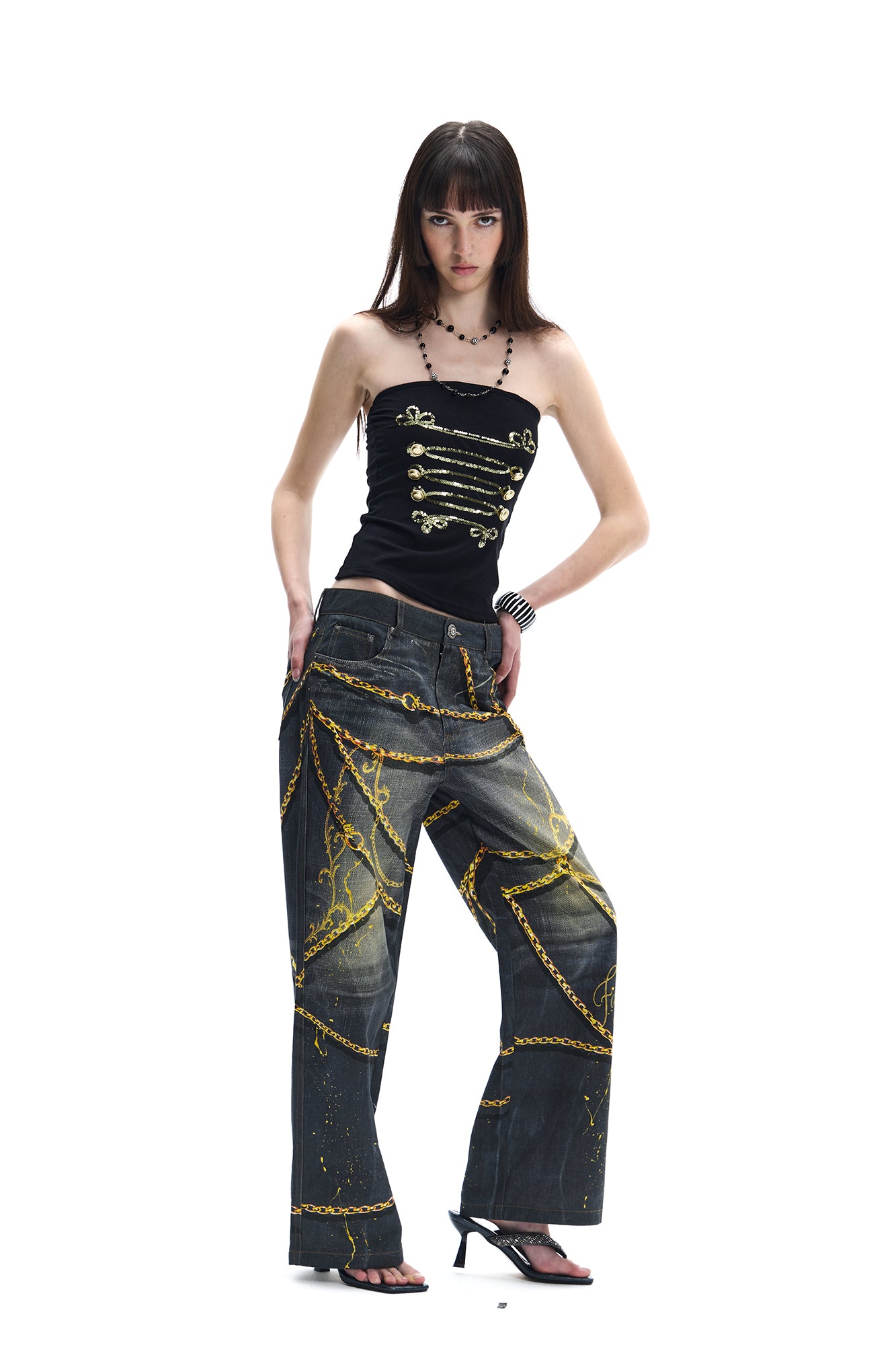 FAYCHUI Chain Graphic Wide-Leg Jeans