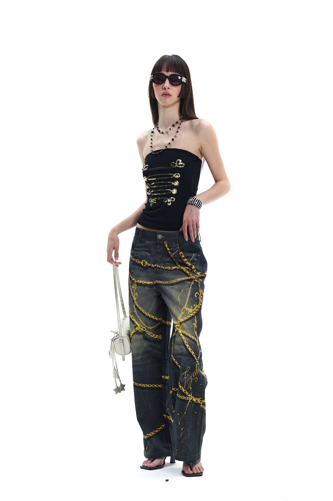 FAYCHUI Chain Graphic Wide-Leg Jeans