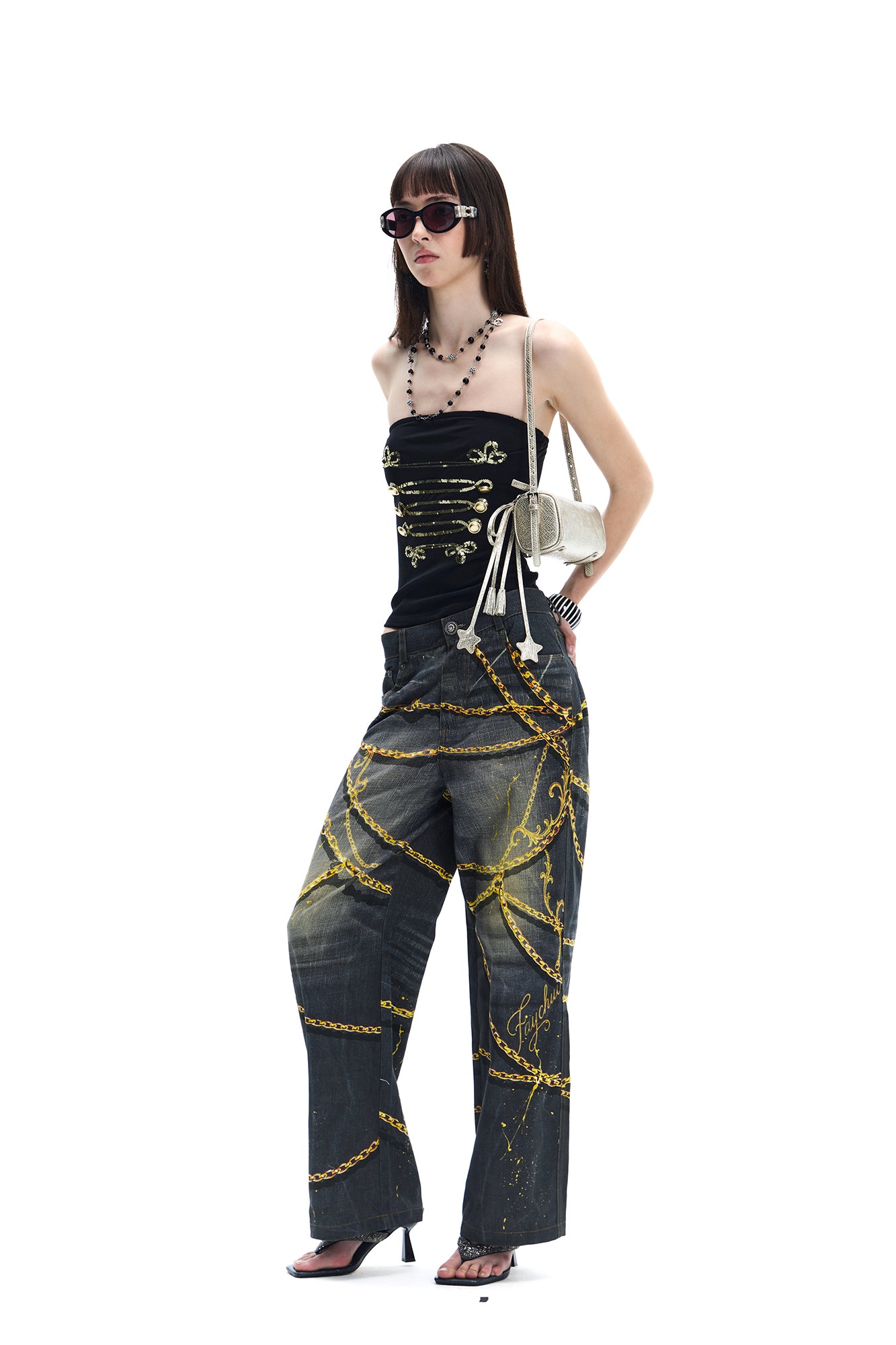 FAYCHUI Chain Graphic Wide-Leg Jeans