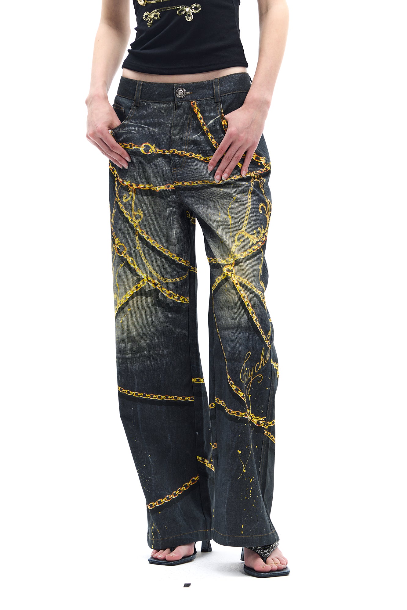 FAYCHUI Chain Graphic Wide-Leg Jeans