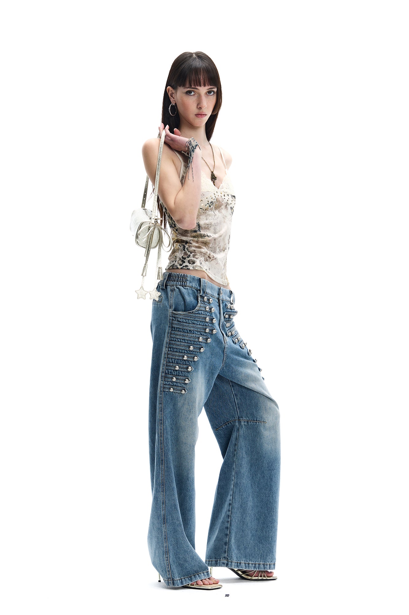 FAYCHUI Studded Military-Inspired Wide-Leg Jeans