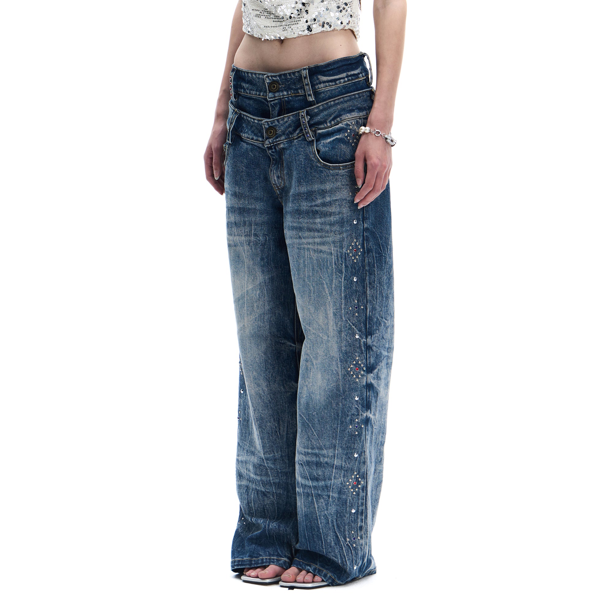 FAYCHUI Double-Waist Studded Washed Wide-Leg Jeans
