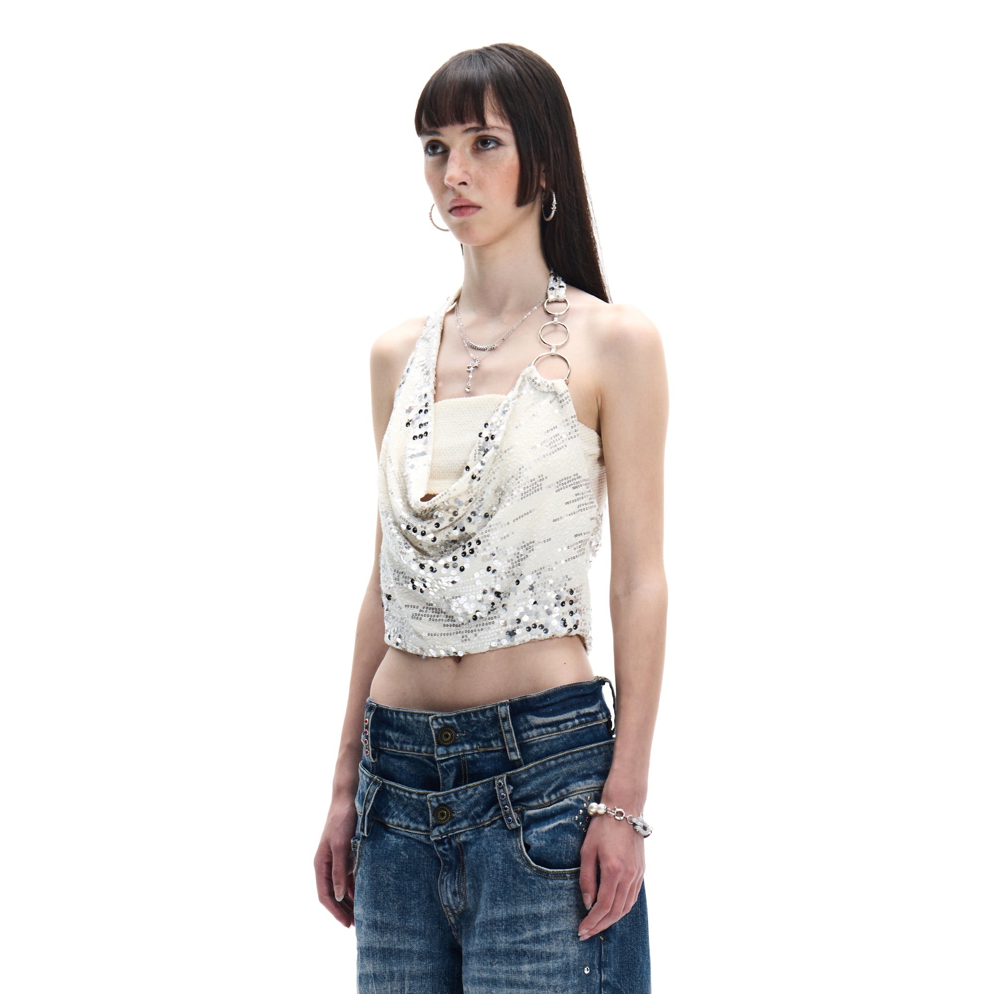 FAYCHUI Ring-Strap Sequin Cowl Halter Top