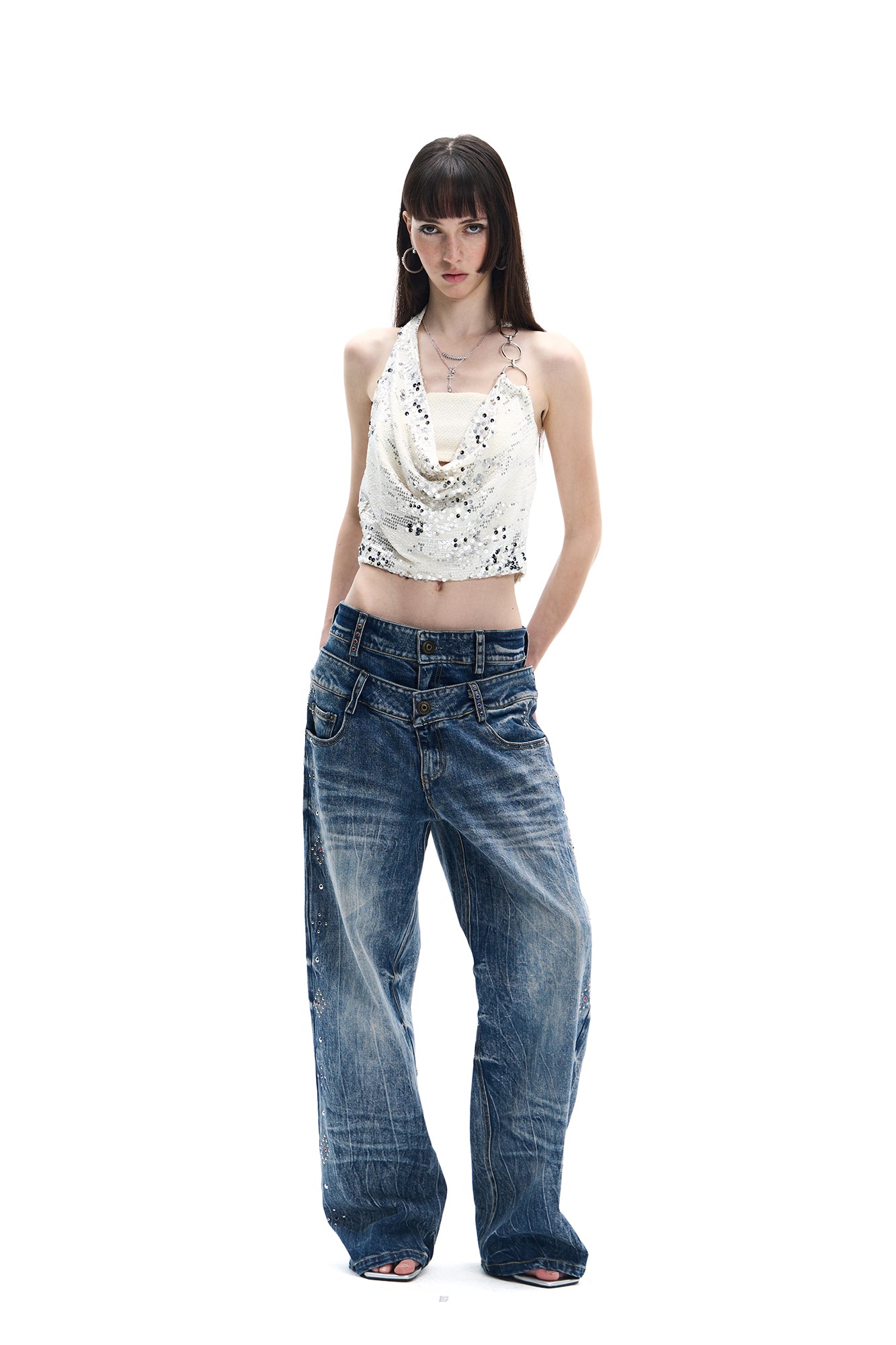 FAYCHUI Ring-Strap Sequin Cowl Halter Top