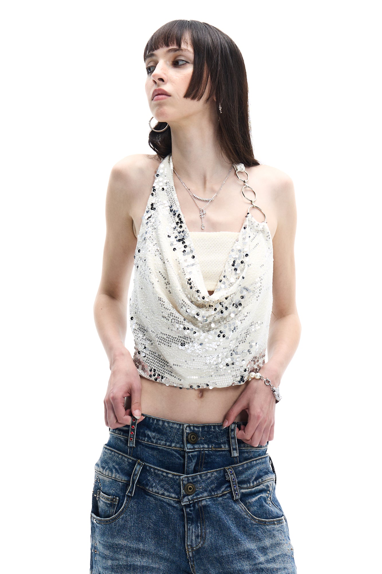 FAYCHUI Ring-Strap Sequin Cowl Halter Top