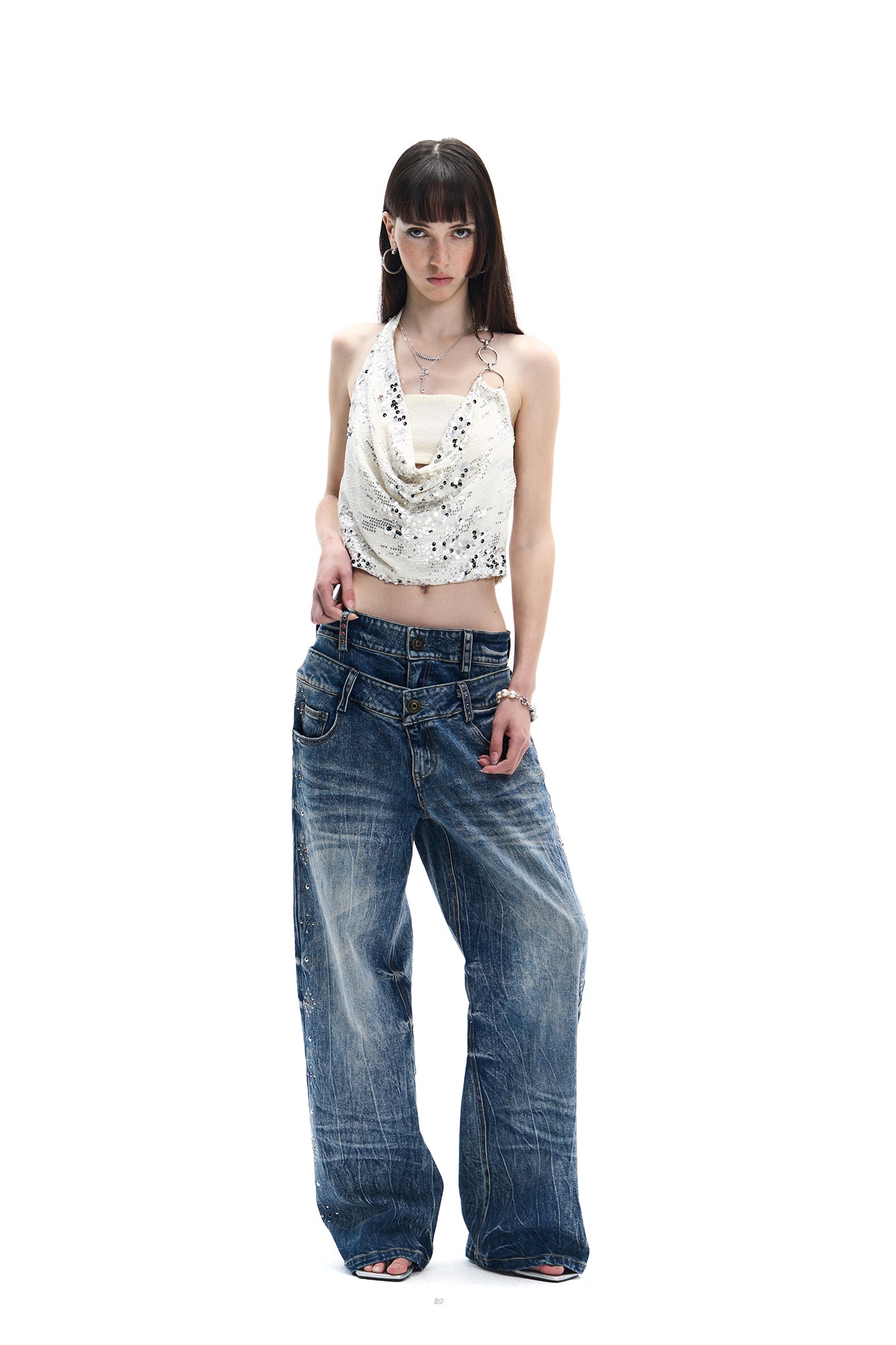 FAYCHUI Double-Waist Studded Washed Wide-Leg Jeans
