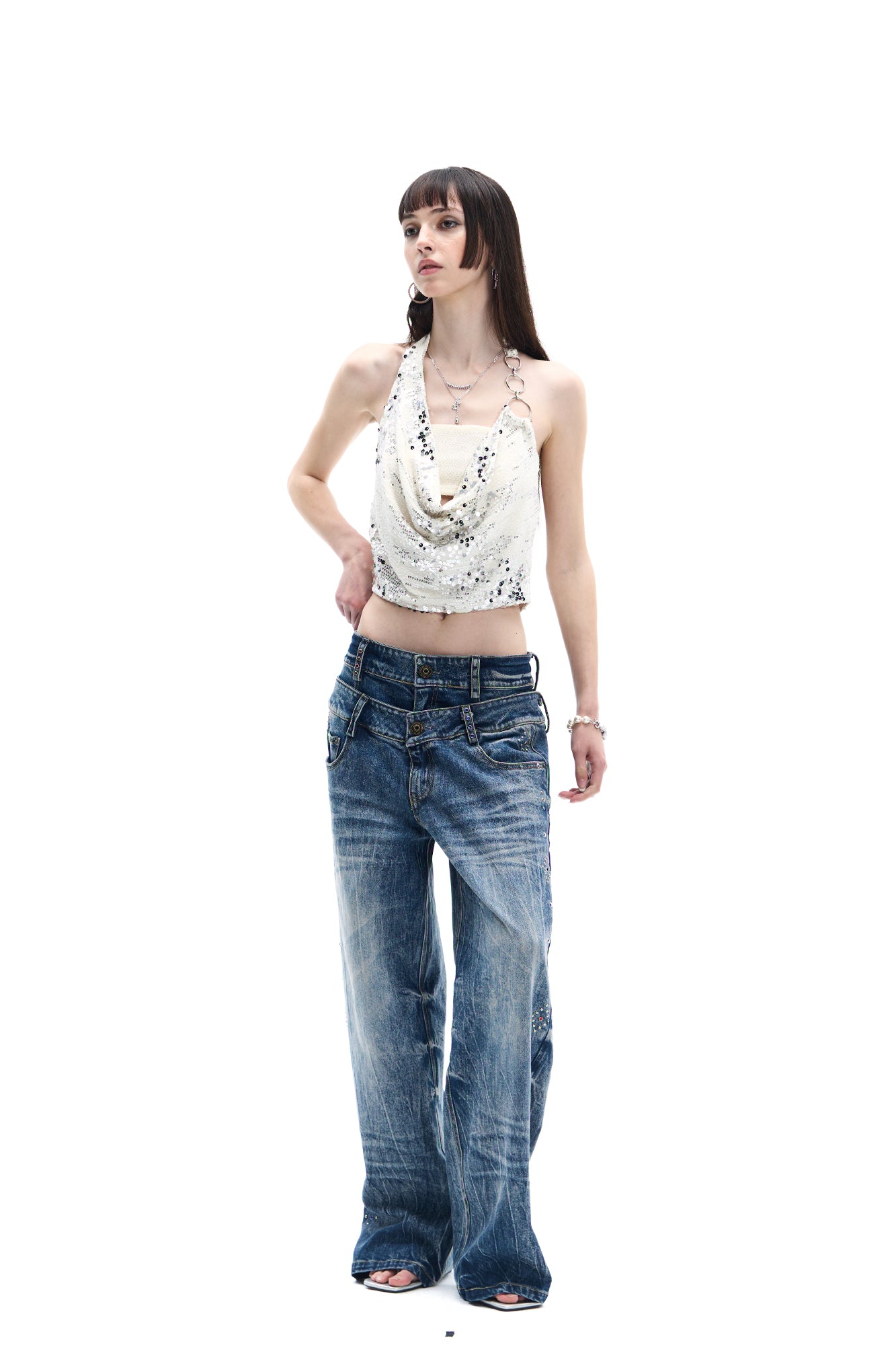 FAYCHUI Ring-Strap Sequin Cowl Halter Top