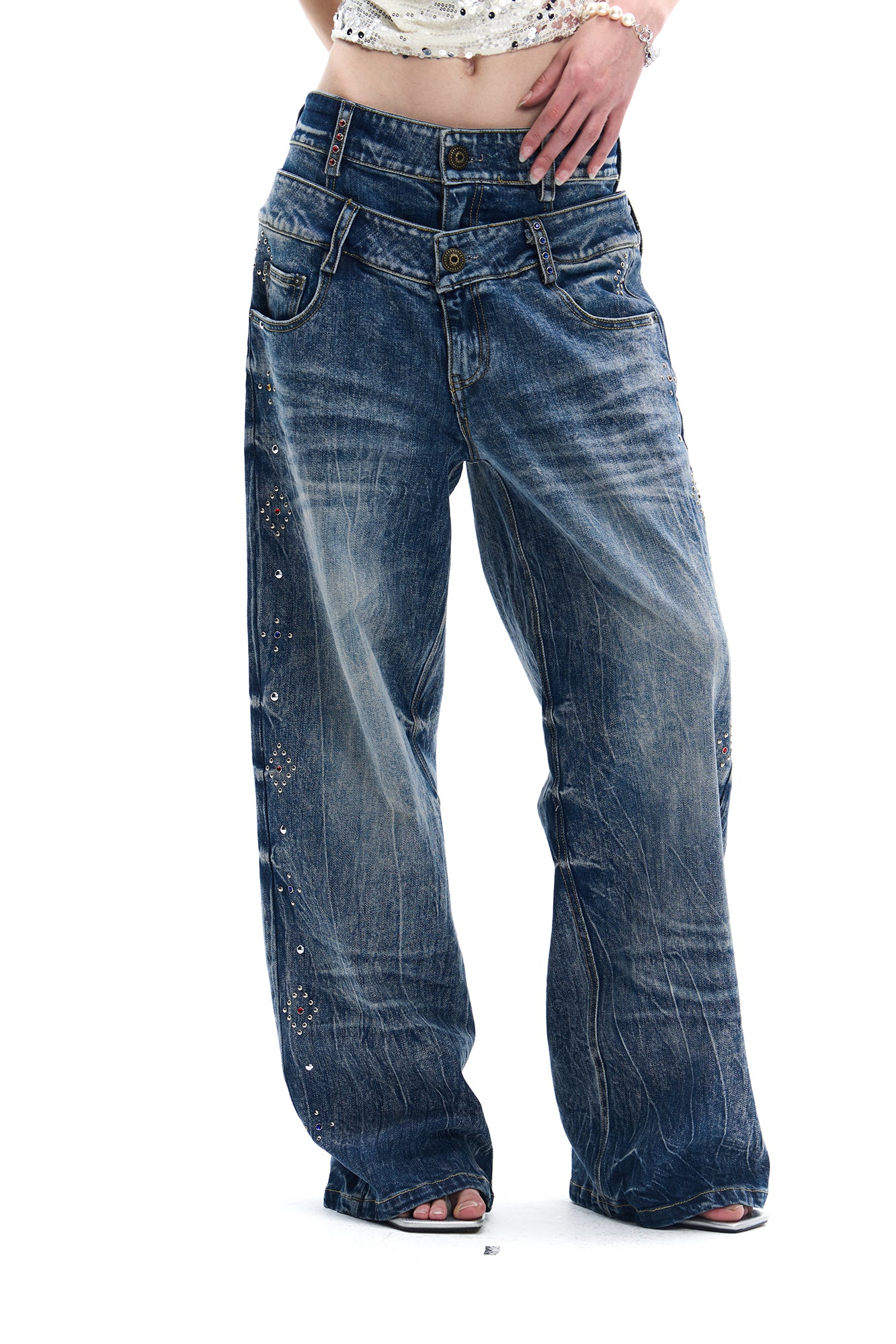 FAYCHUI Double-Waist Studded Washed Wide-Leg Jeans