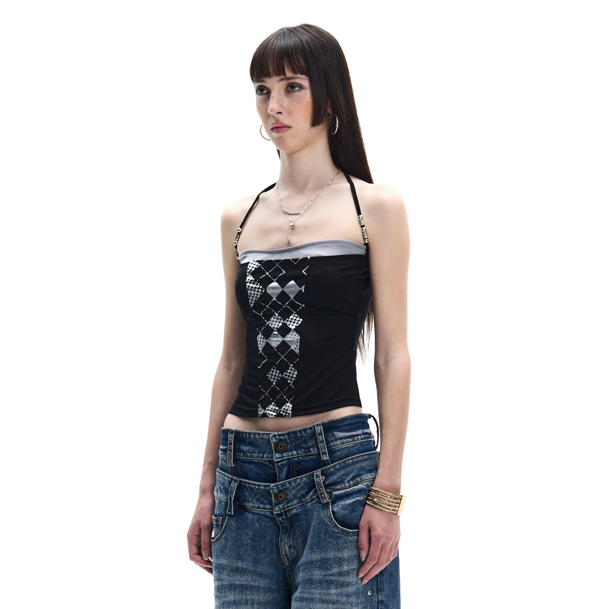 FAYCHUI Argyle Graphic Beaded-Strap Cami Top