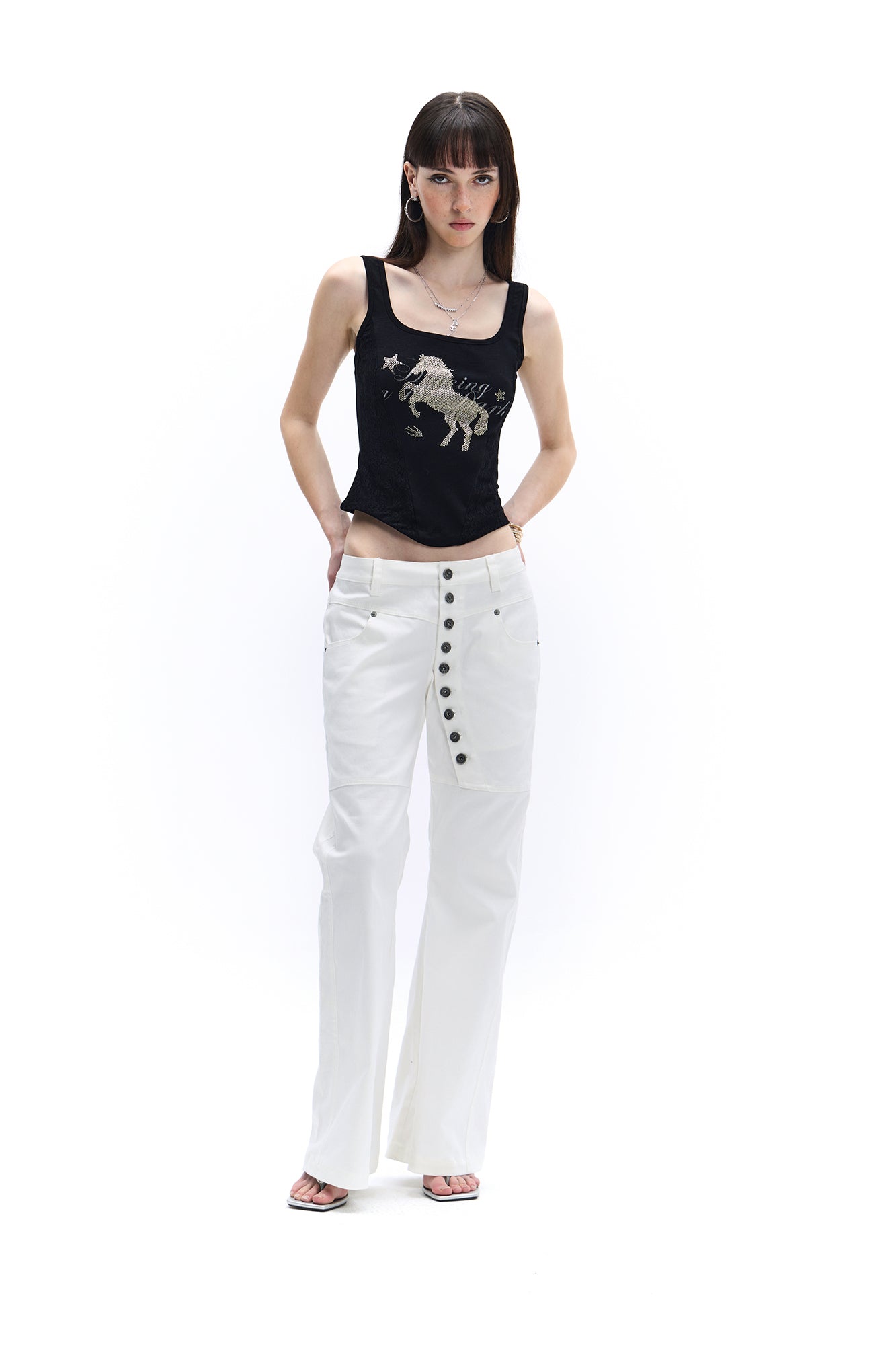 FAYCHUI Asymmetrical Button-Front Wide-Leg Pants