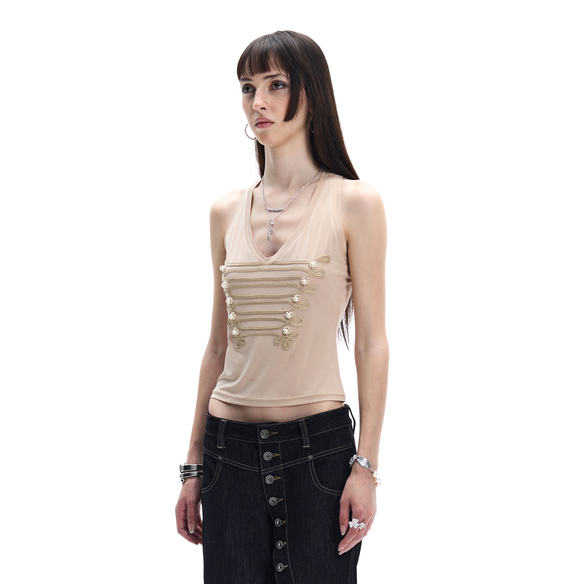 FAYCHUI Military Braid Pearl Tank Top