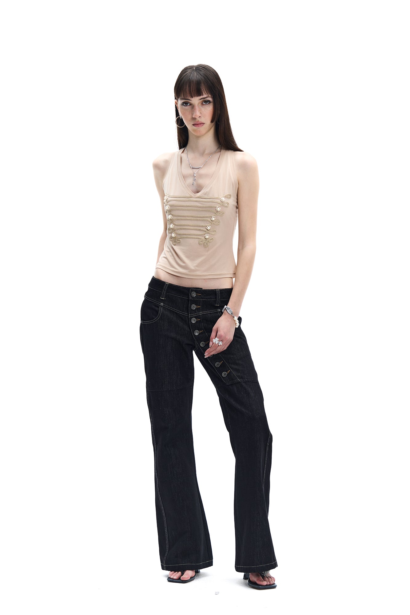 FAYCHUI Military Braid Pearl Tank Top