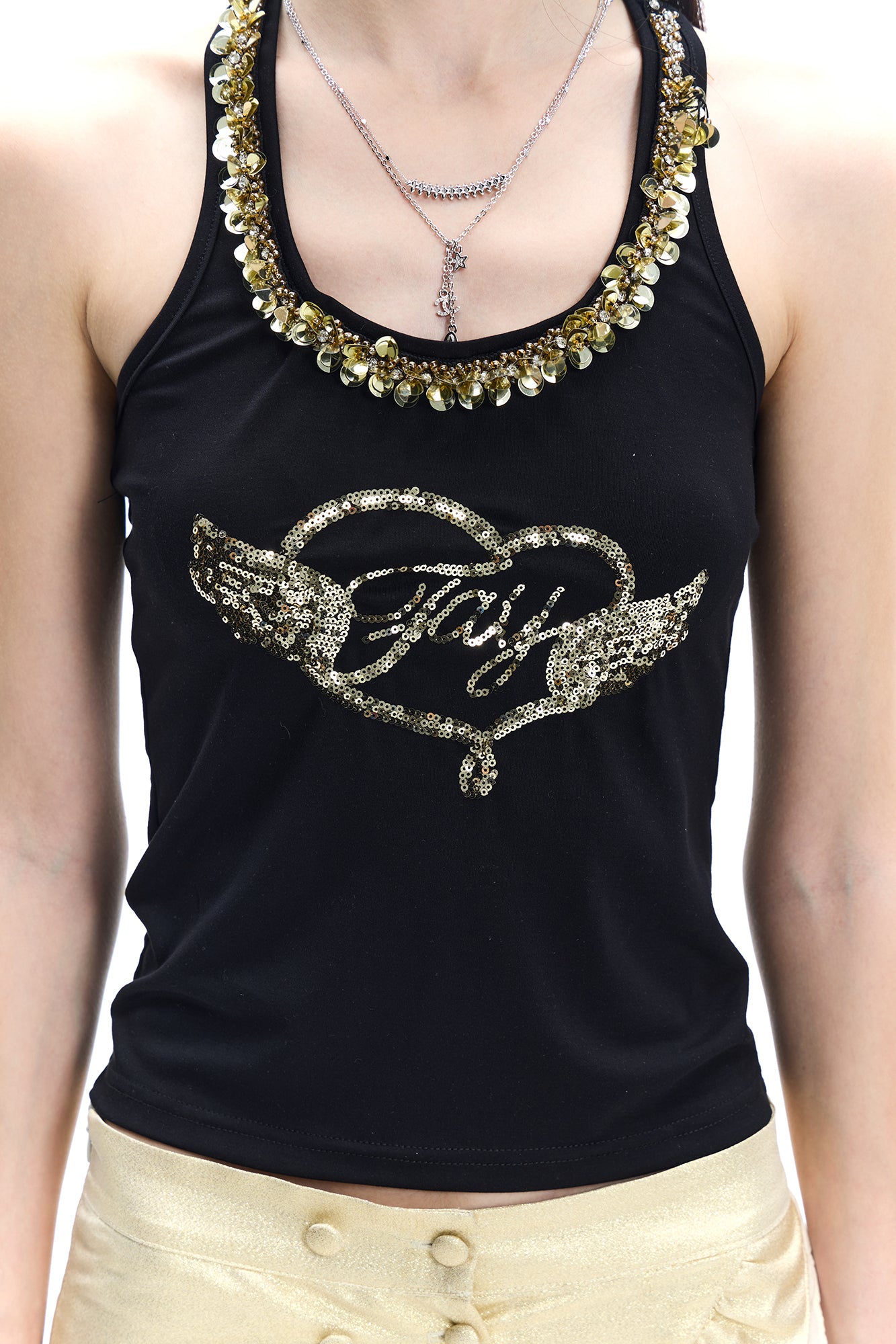 FAYCHUI Sequin Wing Halter Tank Top