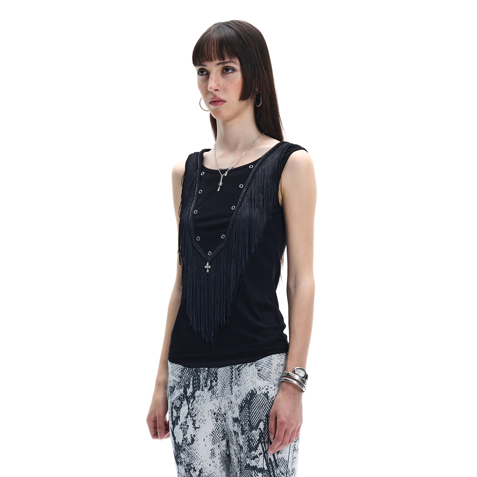 FAYCHUI Fringe Grommet Wool-Blend Tank Top