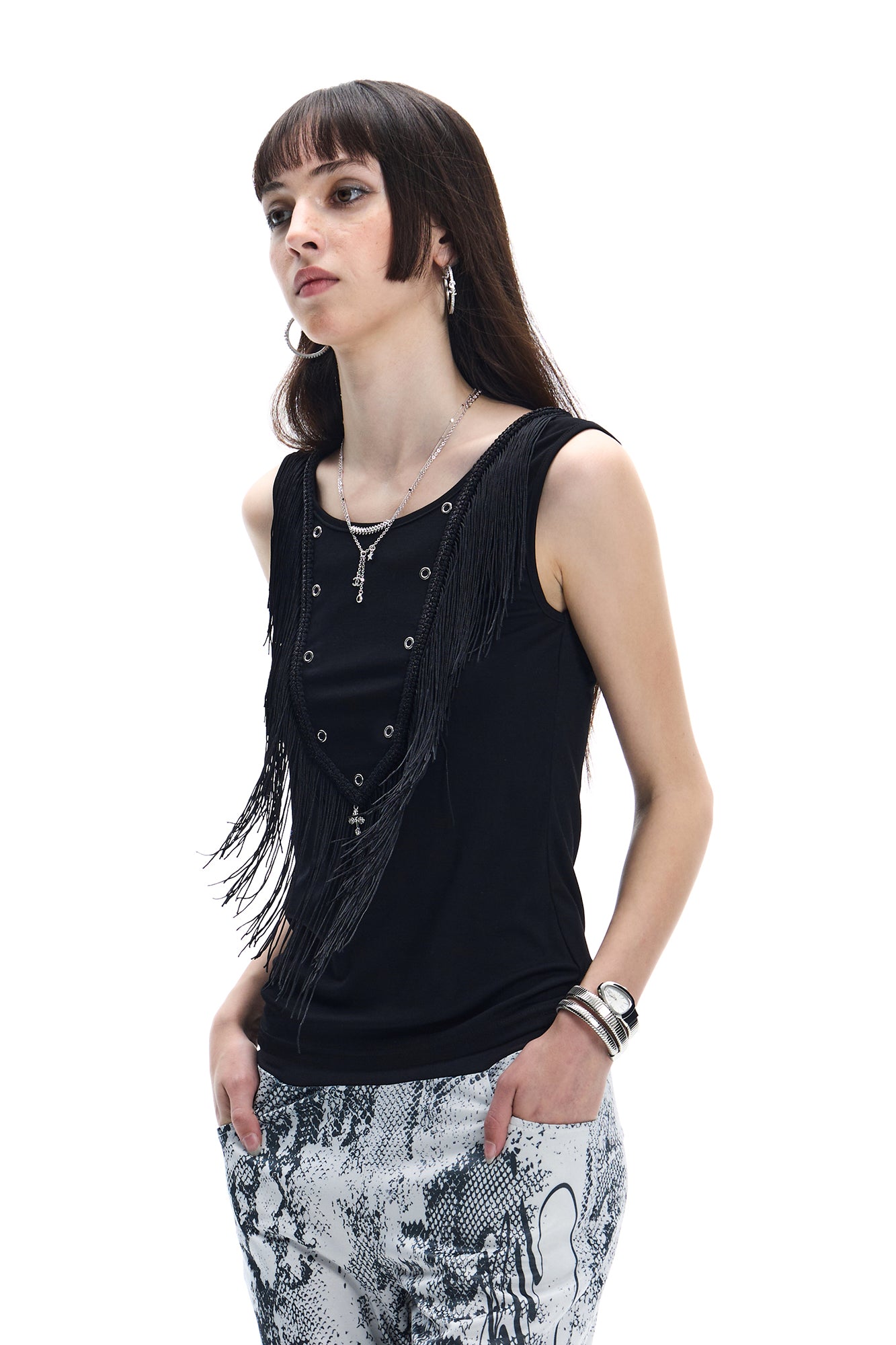 FAYCHUI Fringe Grommet Wool-Blend Tank Top