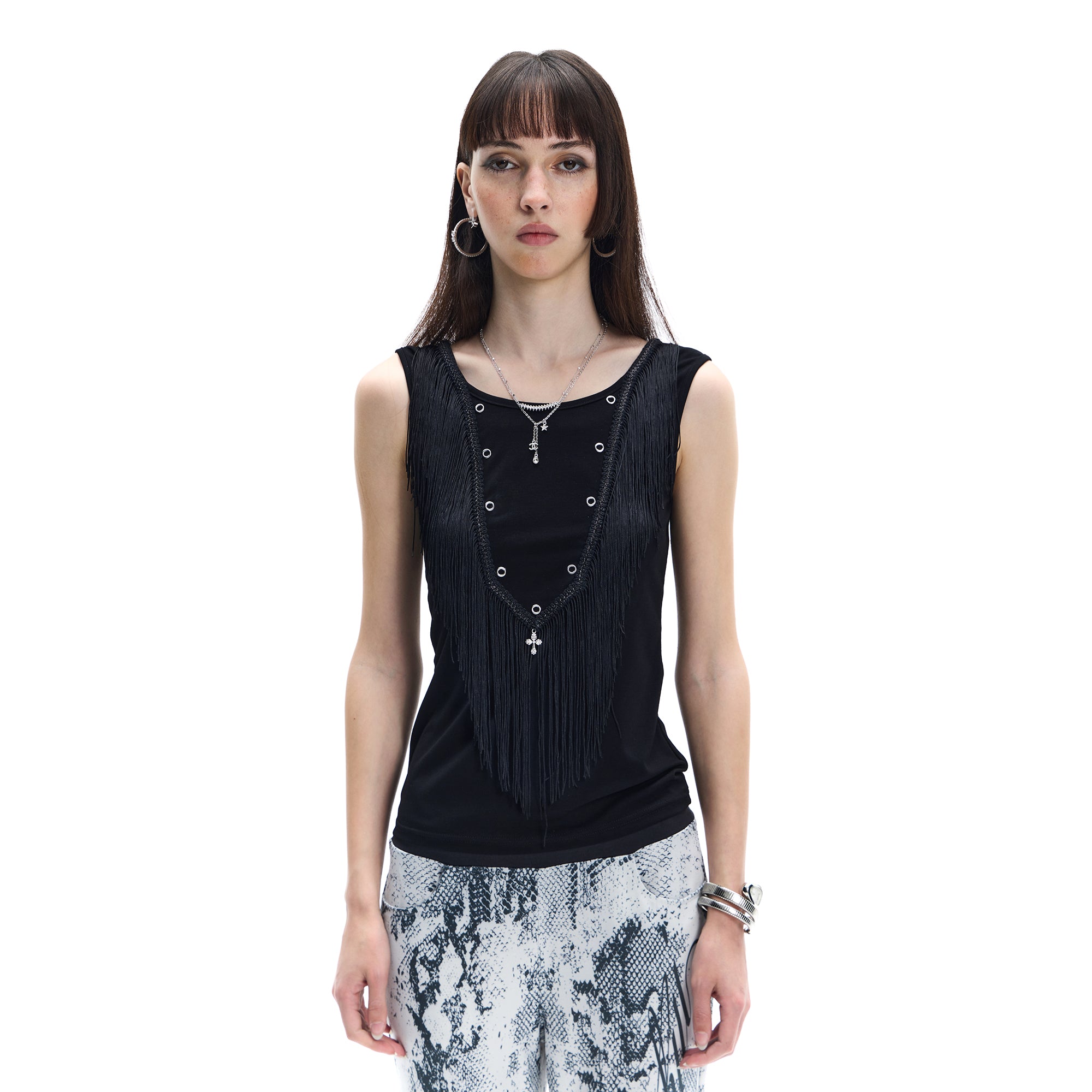 FAYCHUI Fringe Grommet Wool-Blend Tank Top