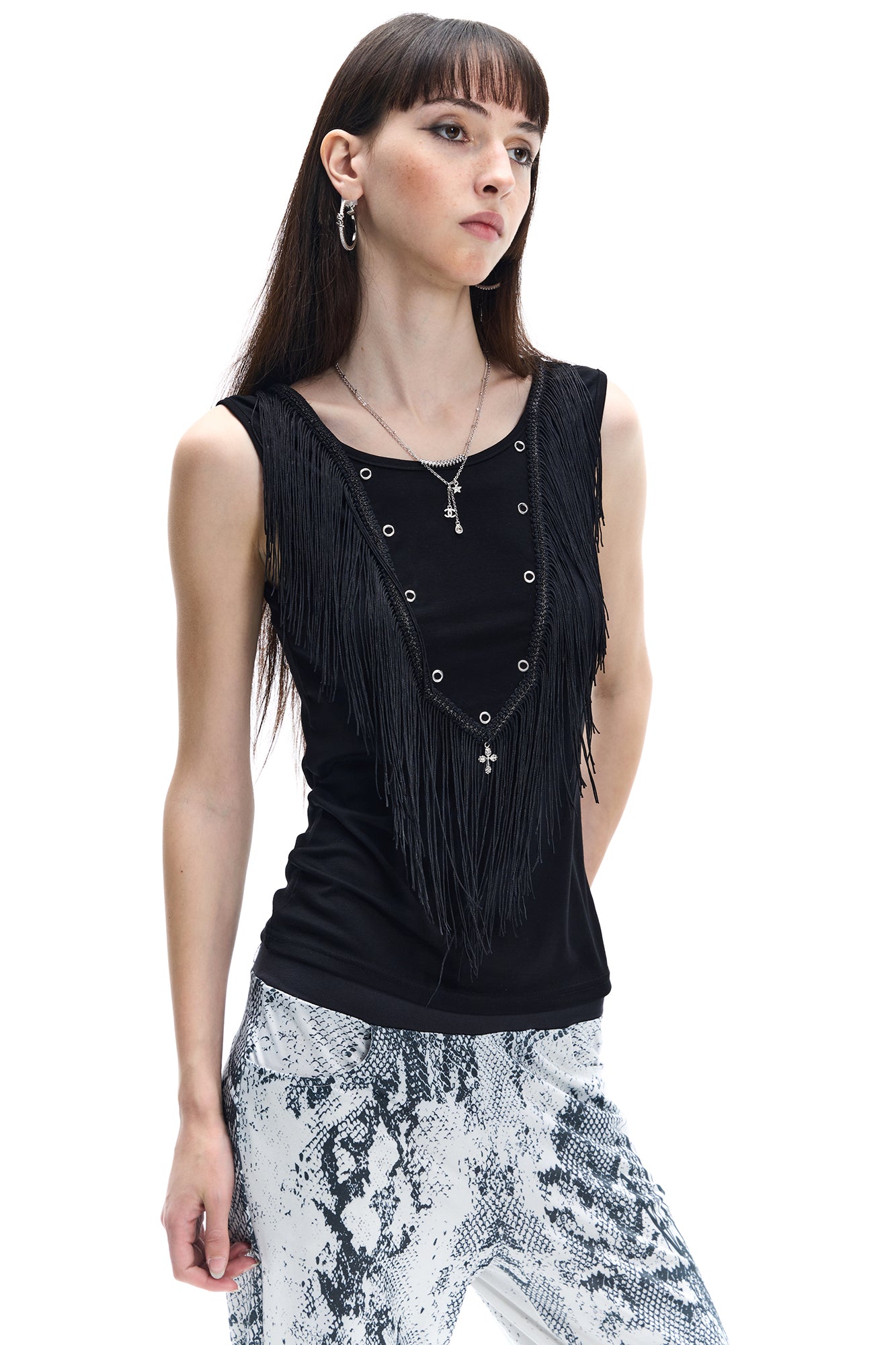 FAYCHUI Fringe Grommet Wool-Blend Tank Top