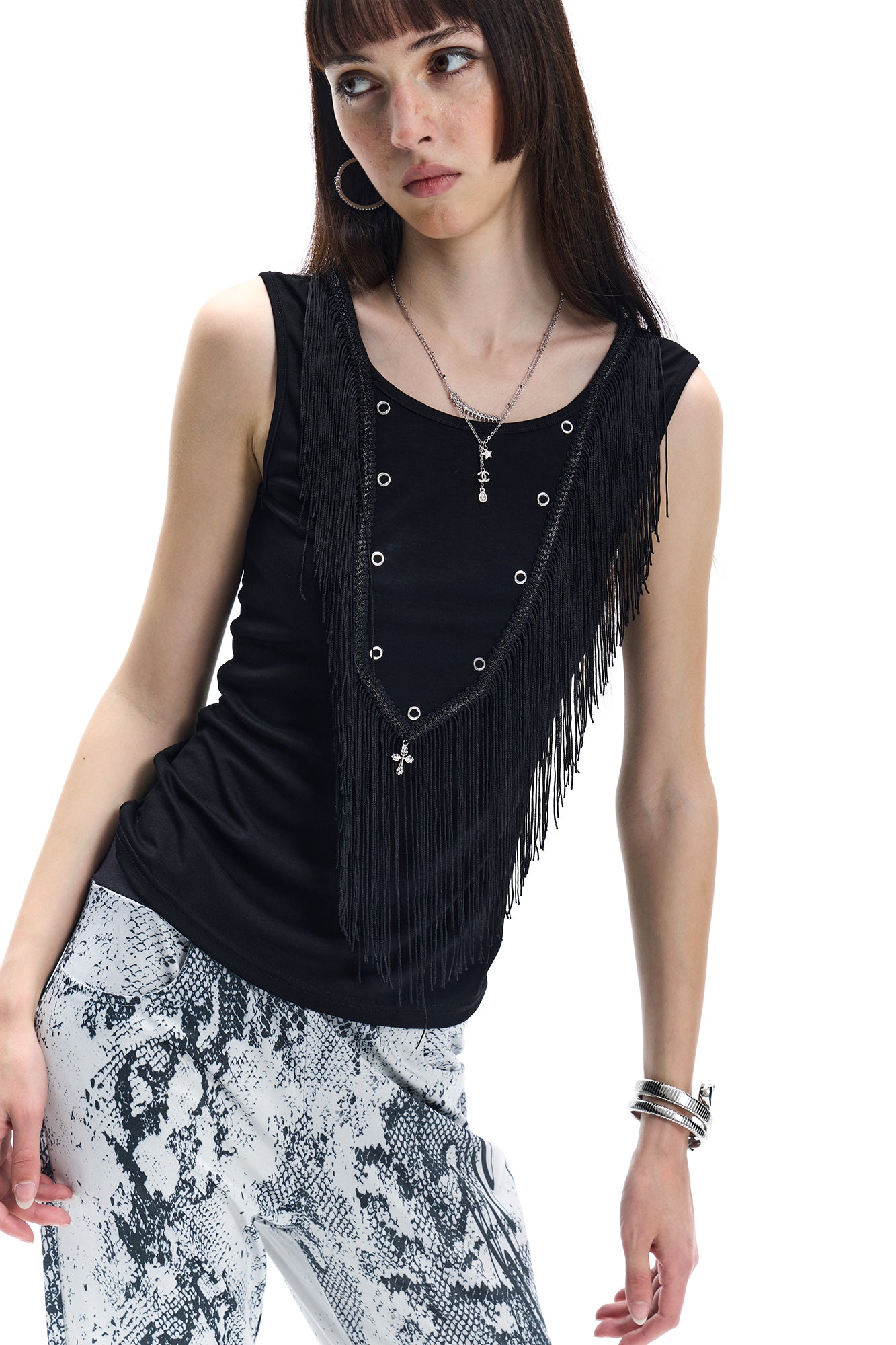 FAYCHUI Fringe Grommet Wool-Blend Tank Top