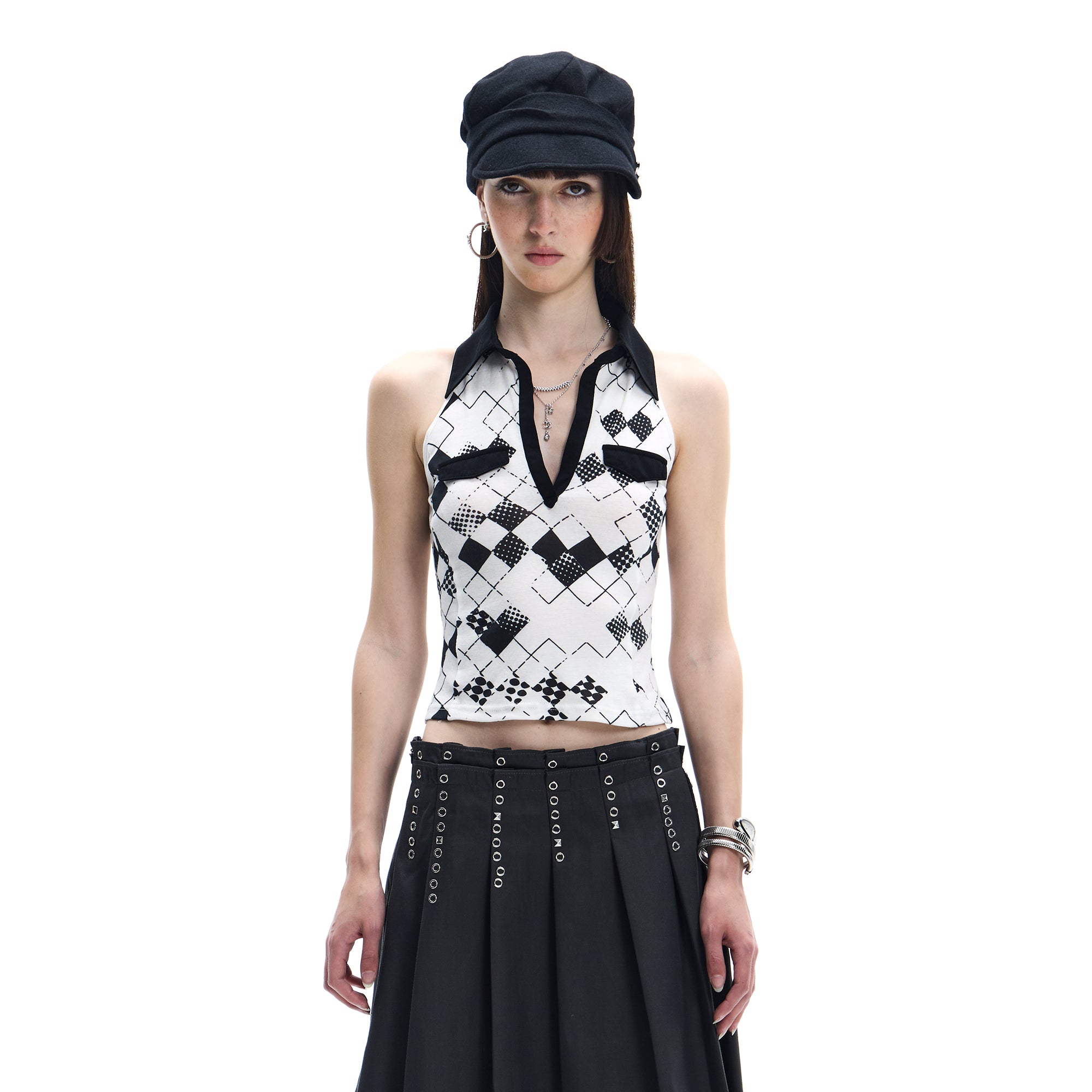 FAYCHUI Argyle Collared Halter Top