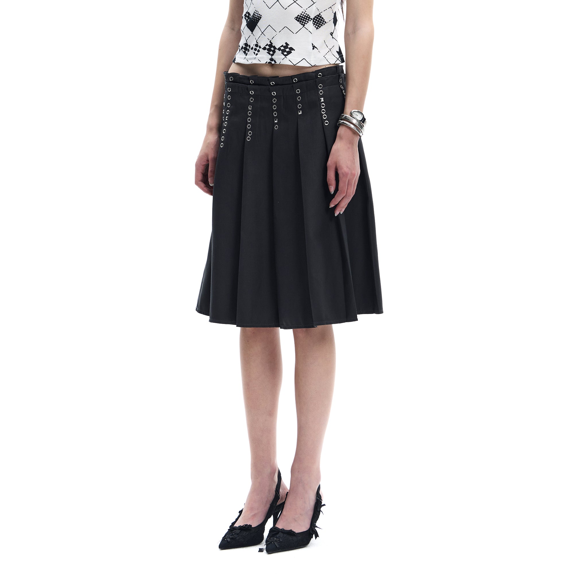 FAYCHUI Grommet Double-Waist Pleated Midi Skirt