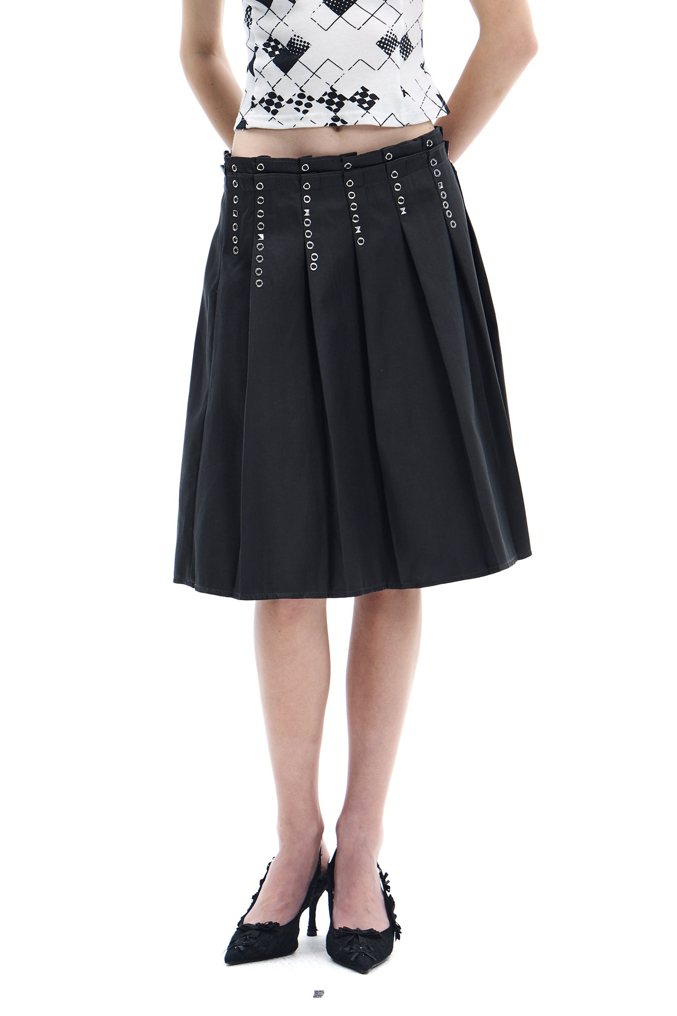 FAYCHUI Grommet Double-Waist Pleated Midi Skirt