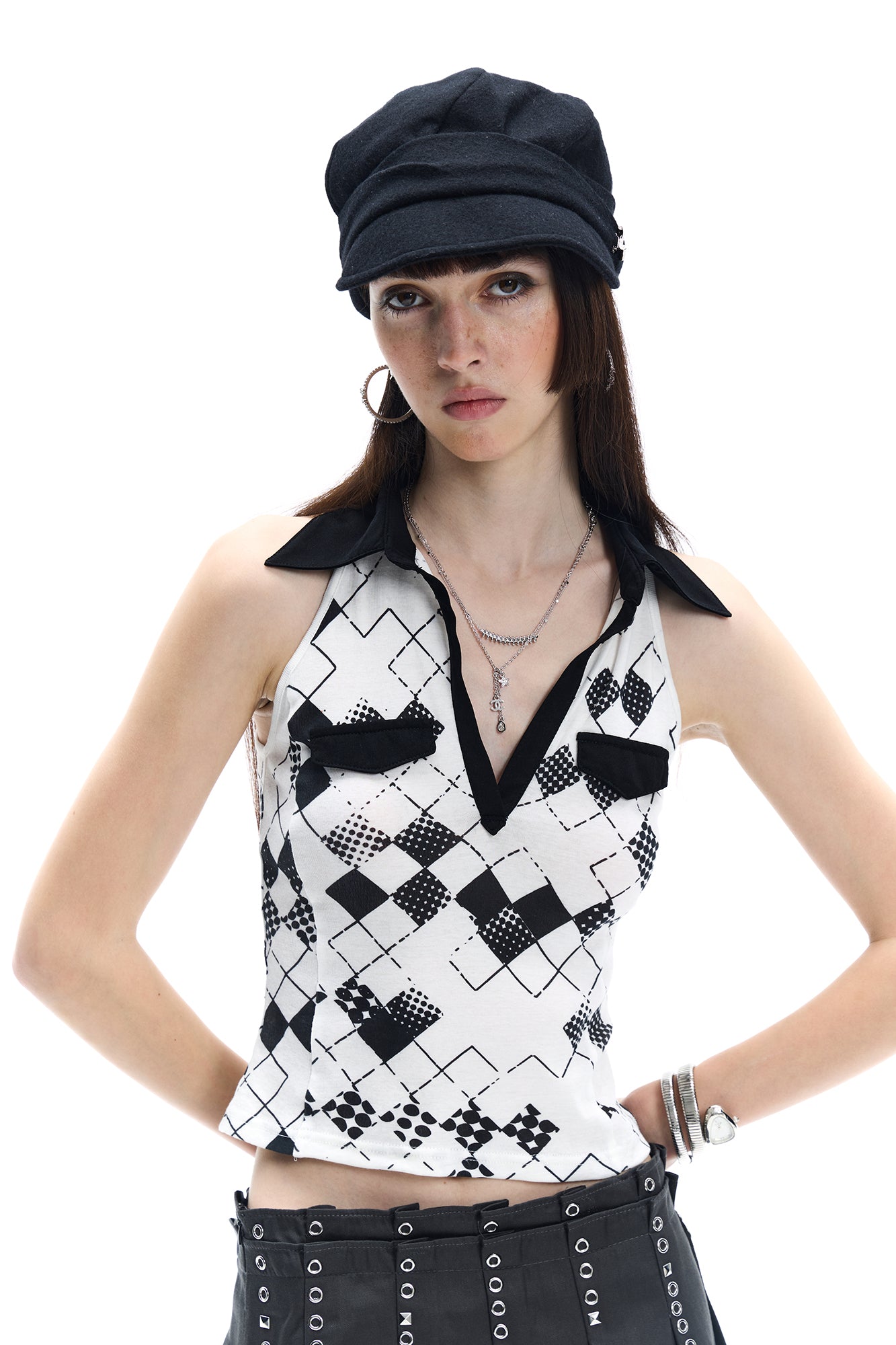 FAYCHUI Argyle Collared Halter Top