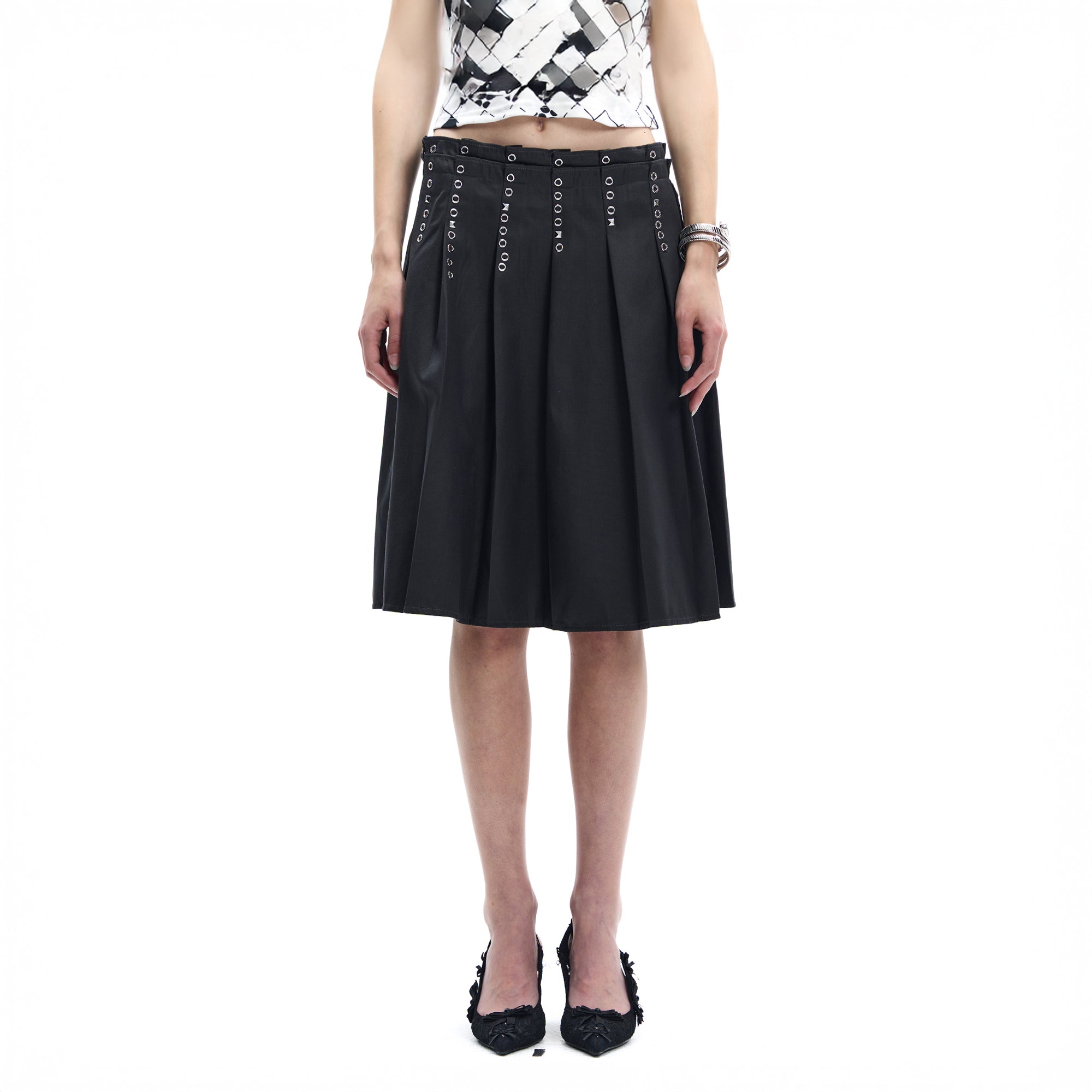 FAYCHUI Grommet Double-Waist Pleated Midi Skirt