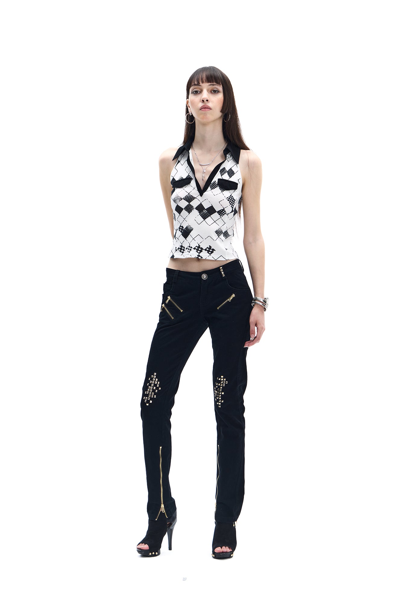 FAYCHUI Argyle Collared Halter Top