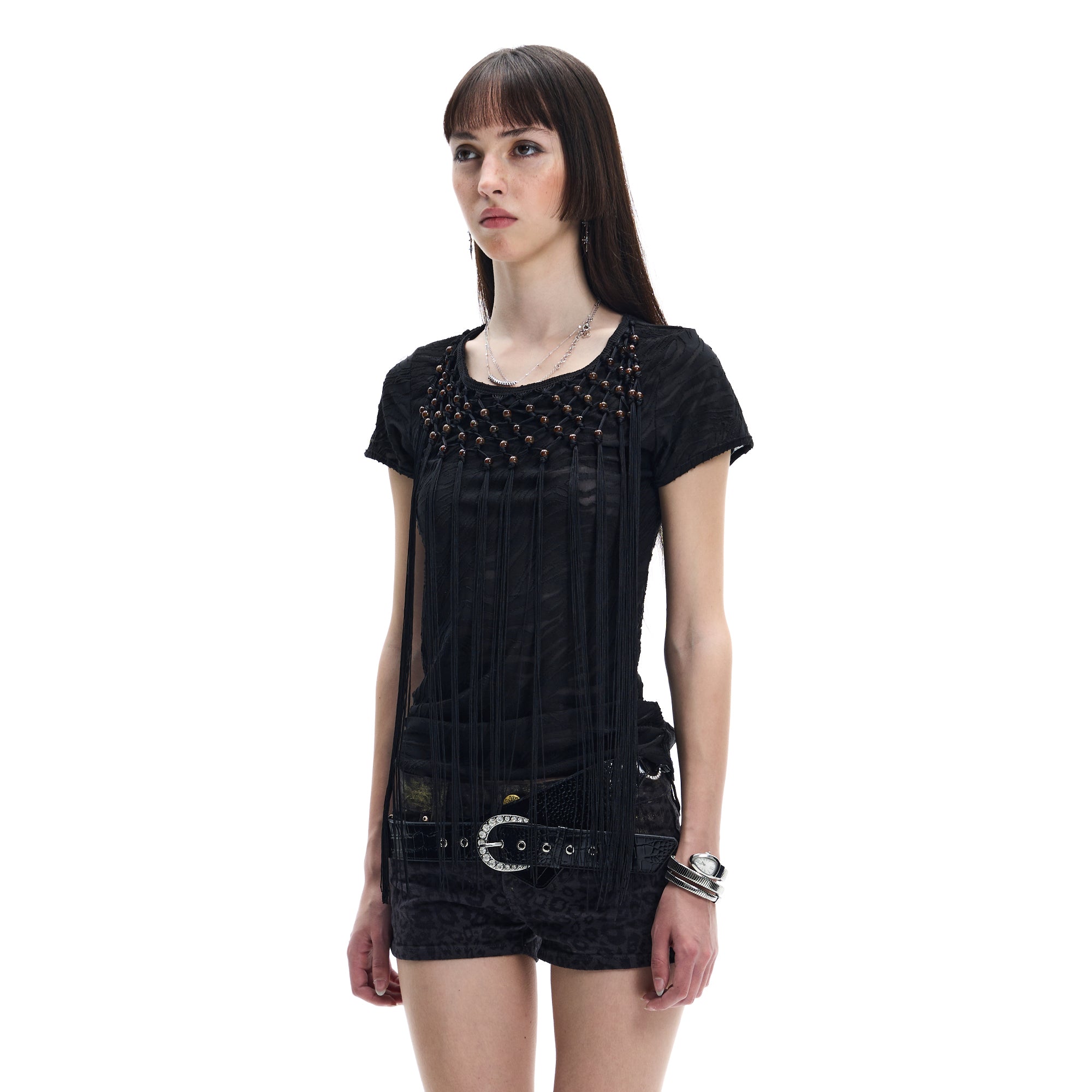 FAYCHUI Beaded Fringe Open-Back T-Shirt